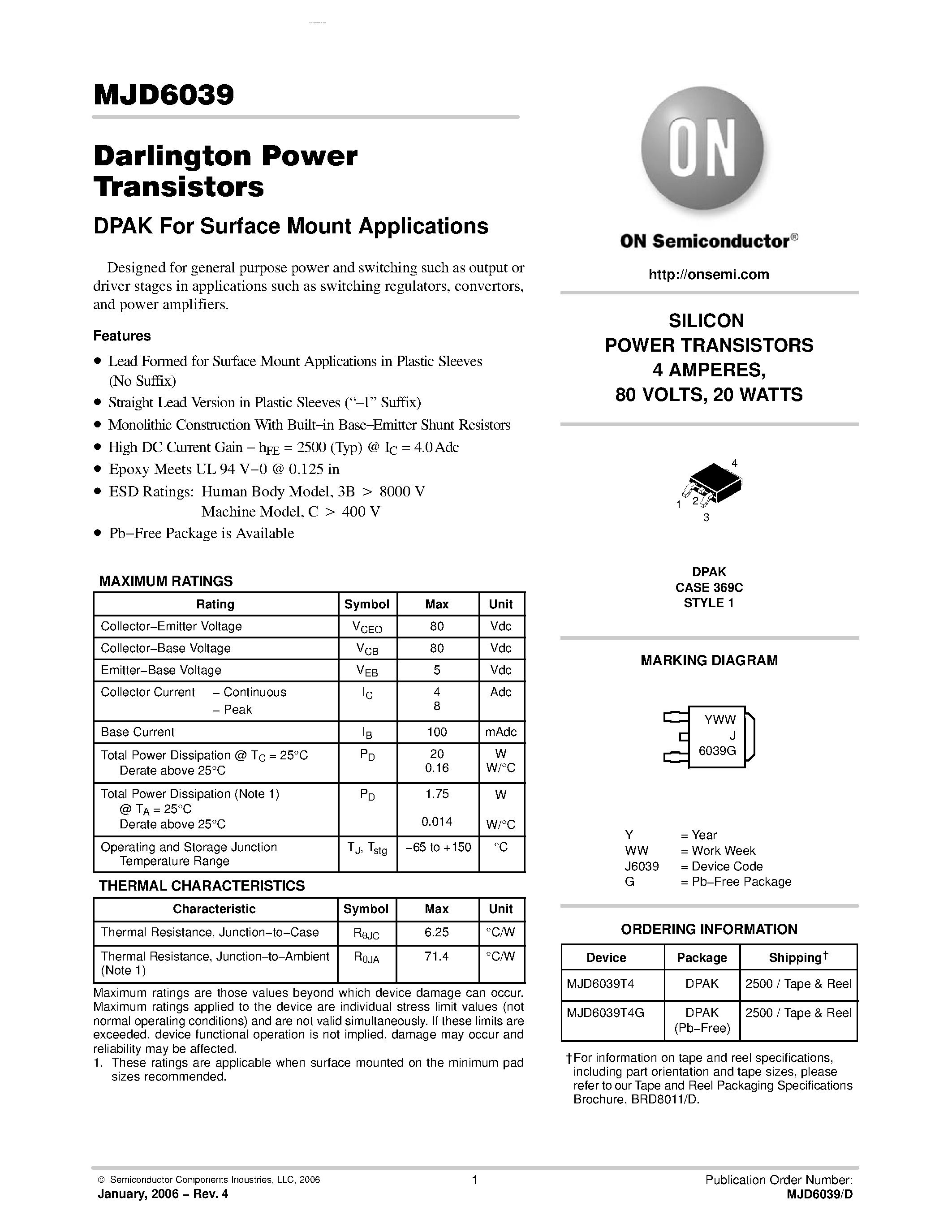 Даташит на микросхему MJD6039 страница 1 Даташит MJD6039 - Darlington Power Transistors страница 1