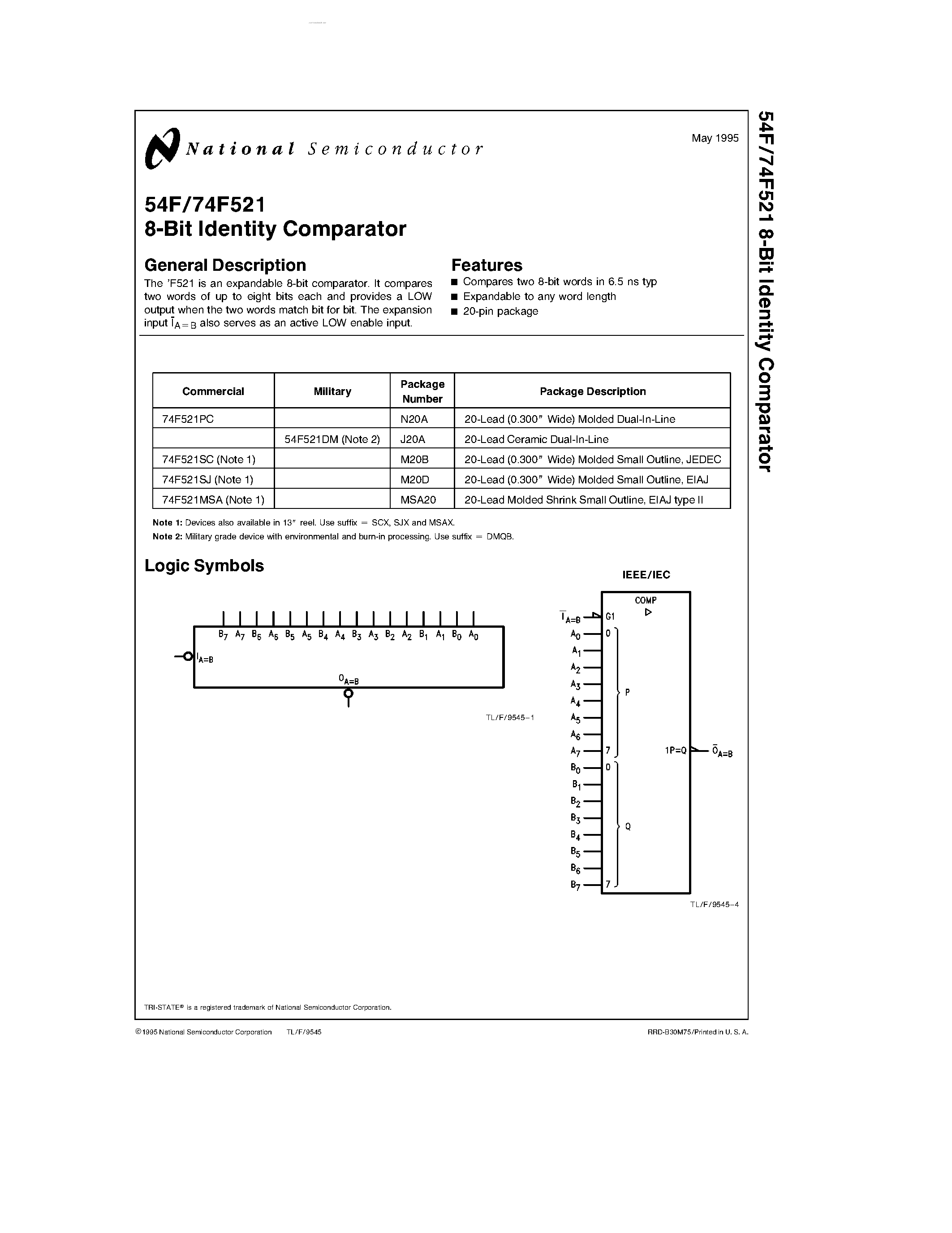 Даташит на микросхему 54F521 страница 1 Даташит 54F521 - 8-Bit Identity Comparator страница 1