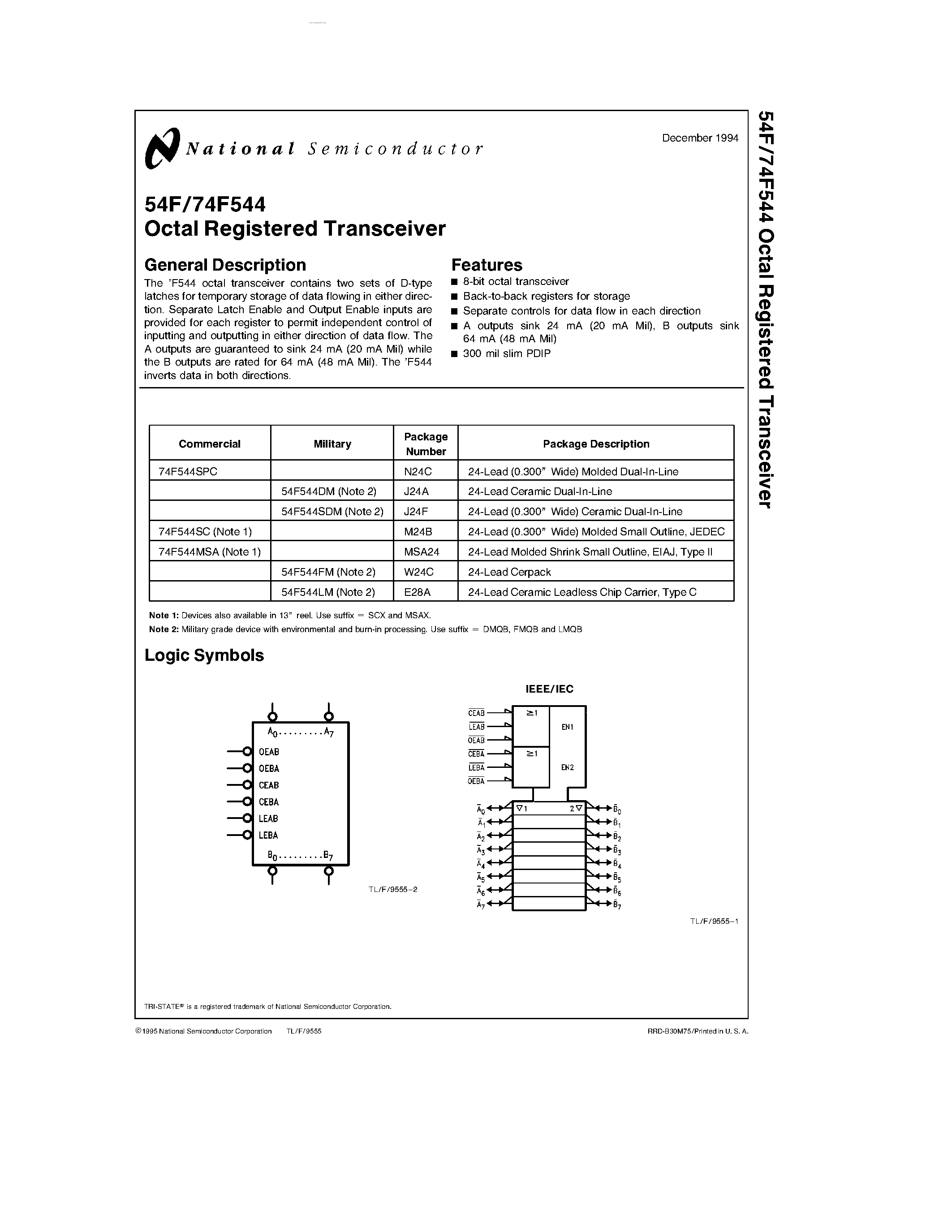 Даташит 54F544 - Octal Registered Transceiver страница 1