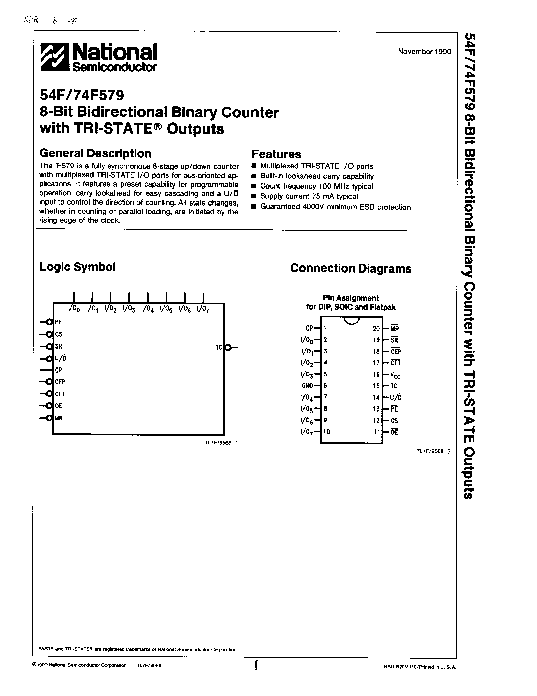 Datasheet 74F579PCQR - 8-Bit Bidirectional Binary Counter with TRI-STATE Outputs page 1