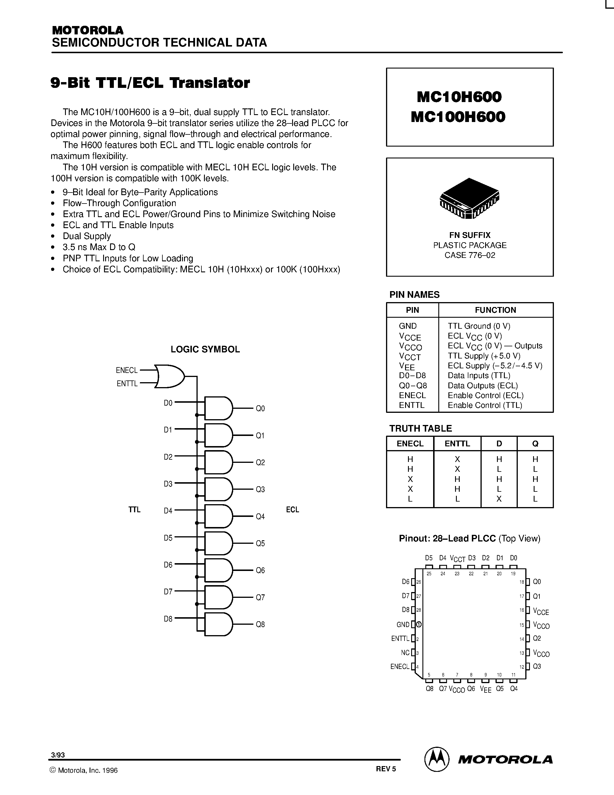 Datasheet MC100H600 page 1 Datasheet MC100H600 - 9-Bit TTL to ECL Translator page 1
