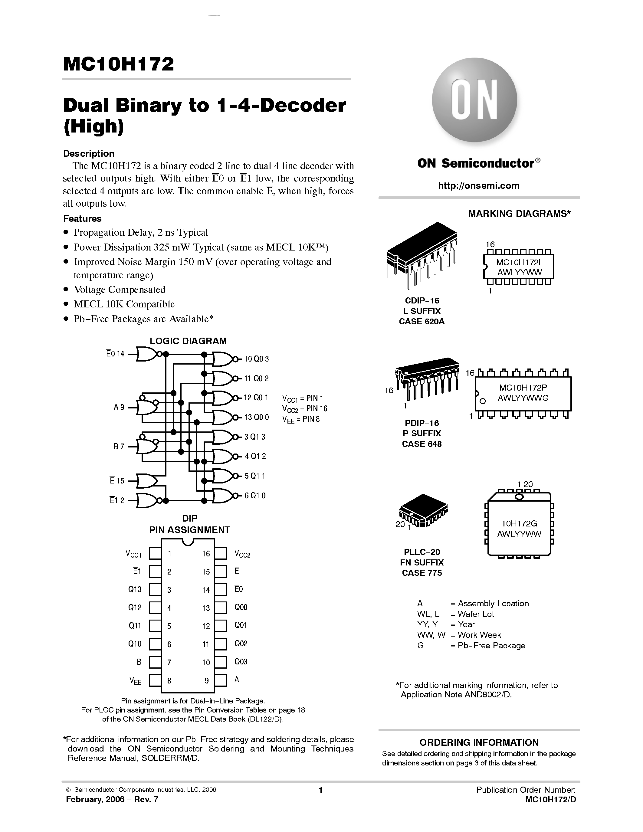 Даташит MC10H172 - Dual Binary to 1-4-Decoder (High) страница 1