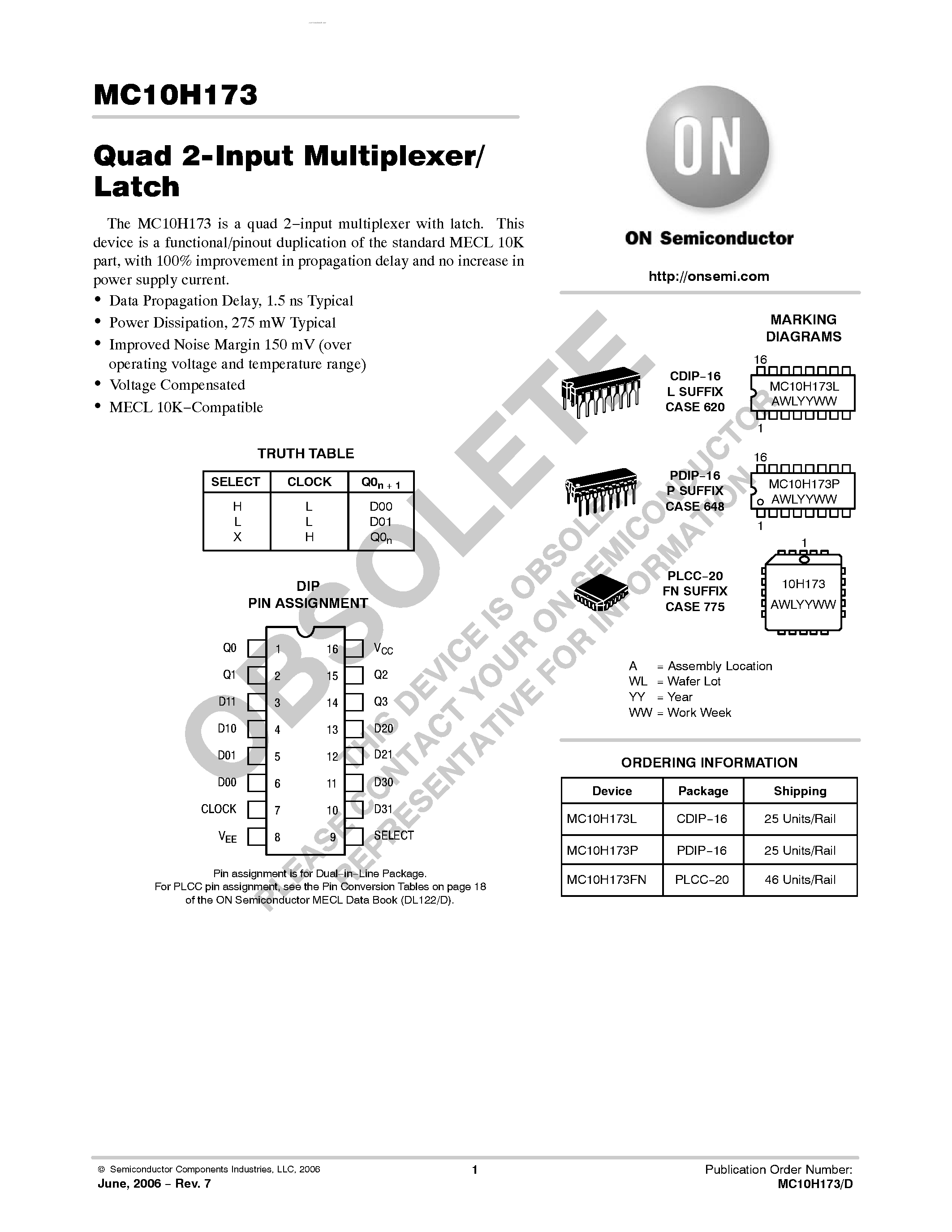 Даташит MC10H173 - Quad 2-Input Multiplexer/Latch страница 1