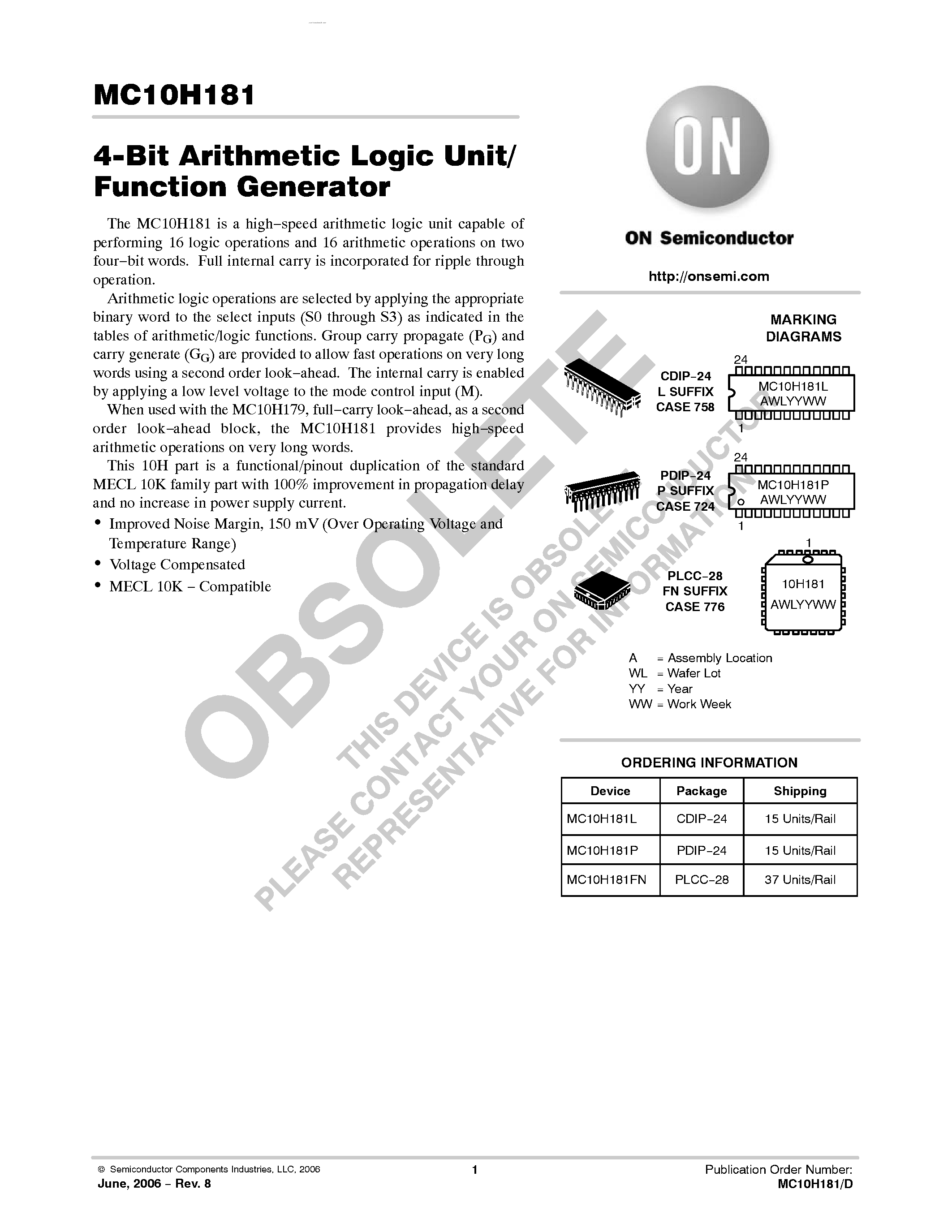 Datasheet MC10H181 page 1 Datasheet MC10H181 - 4-Bit Arithmetic Logic Unit/ Function Generator page 1