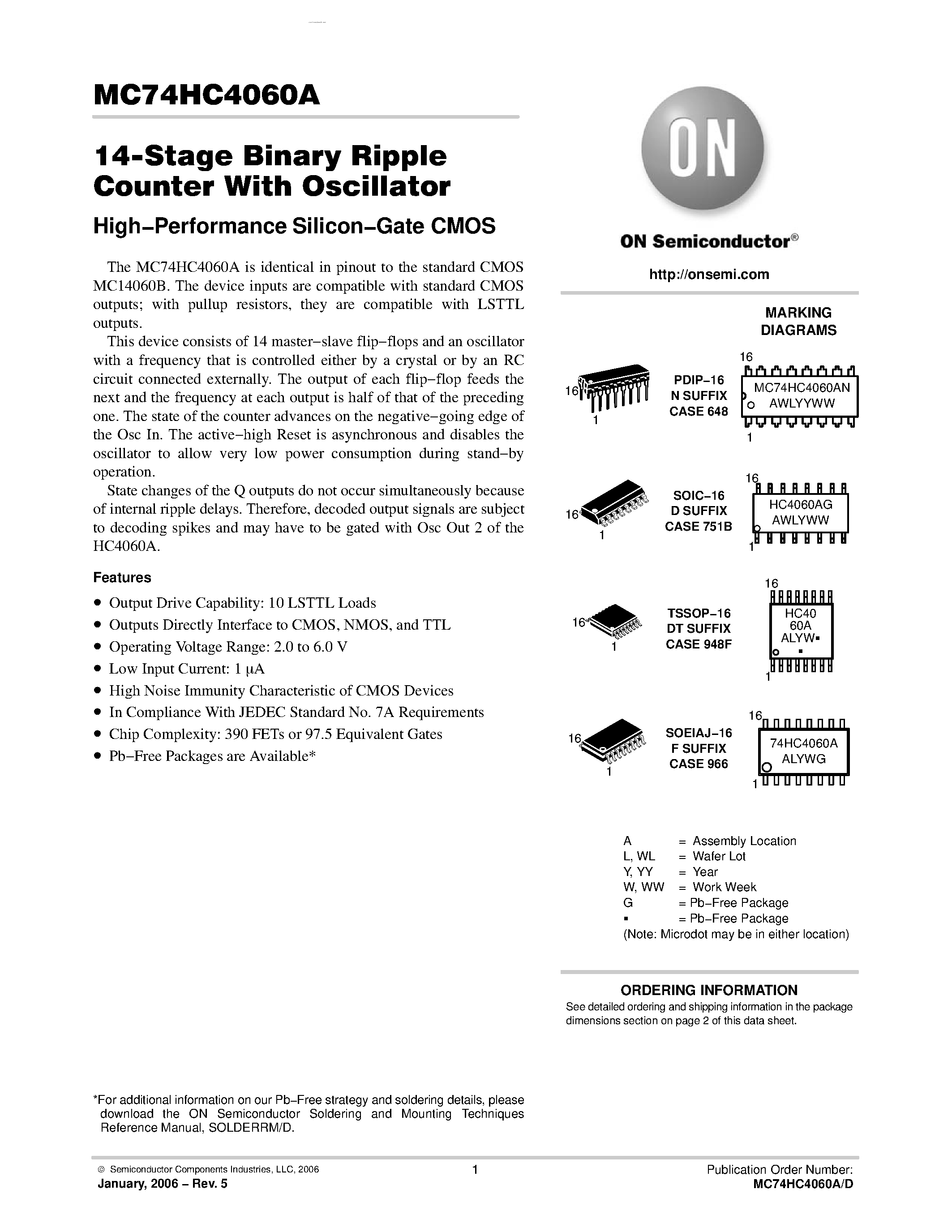 Даташит MC74HC4060A - 14-Stage Binary Ripple Counter страница 1