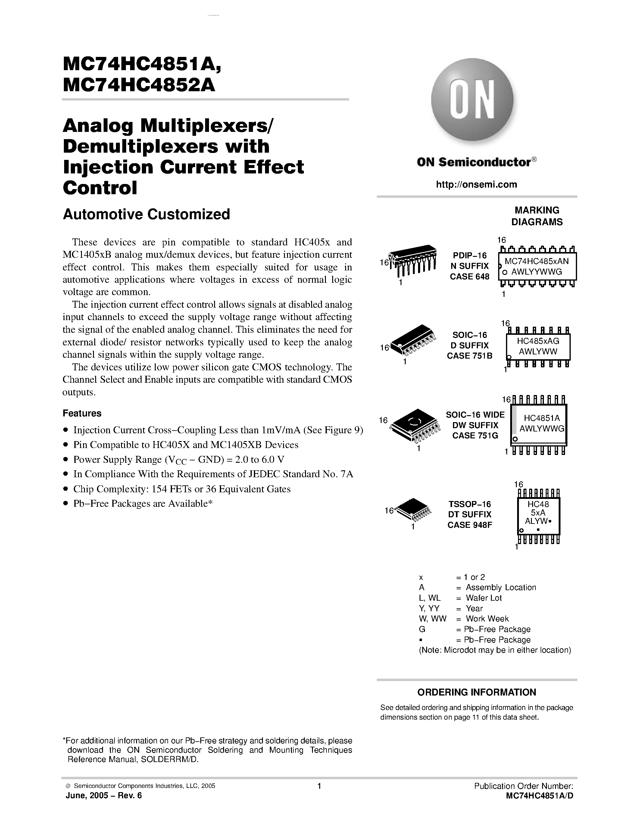 Datasheet MC74HC4851A - (MC74HC4851A / MC74HC4852A) Analog Multiplexers/Demultiplexers page 1