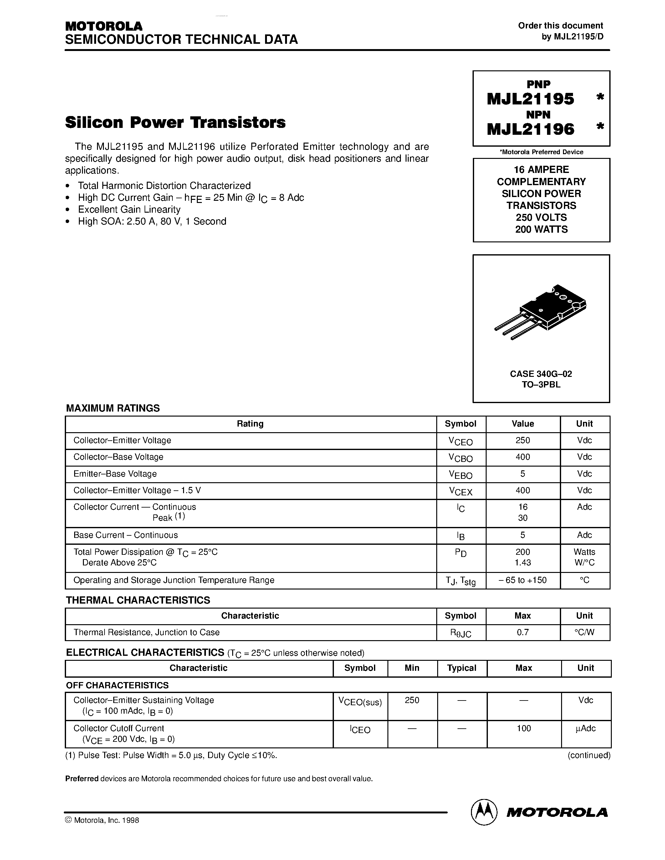 Datasheet MJL21195 page 1 Datasheet MJL21195 - (MJL21195 / MJL21196) SILICON POWER TRANSISTORS page 1