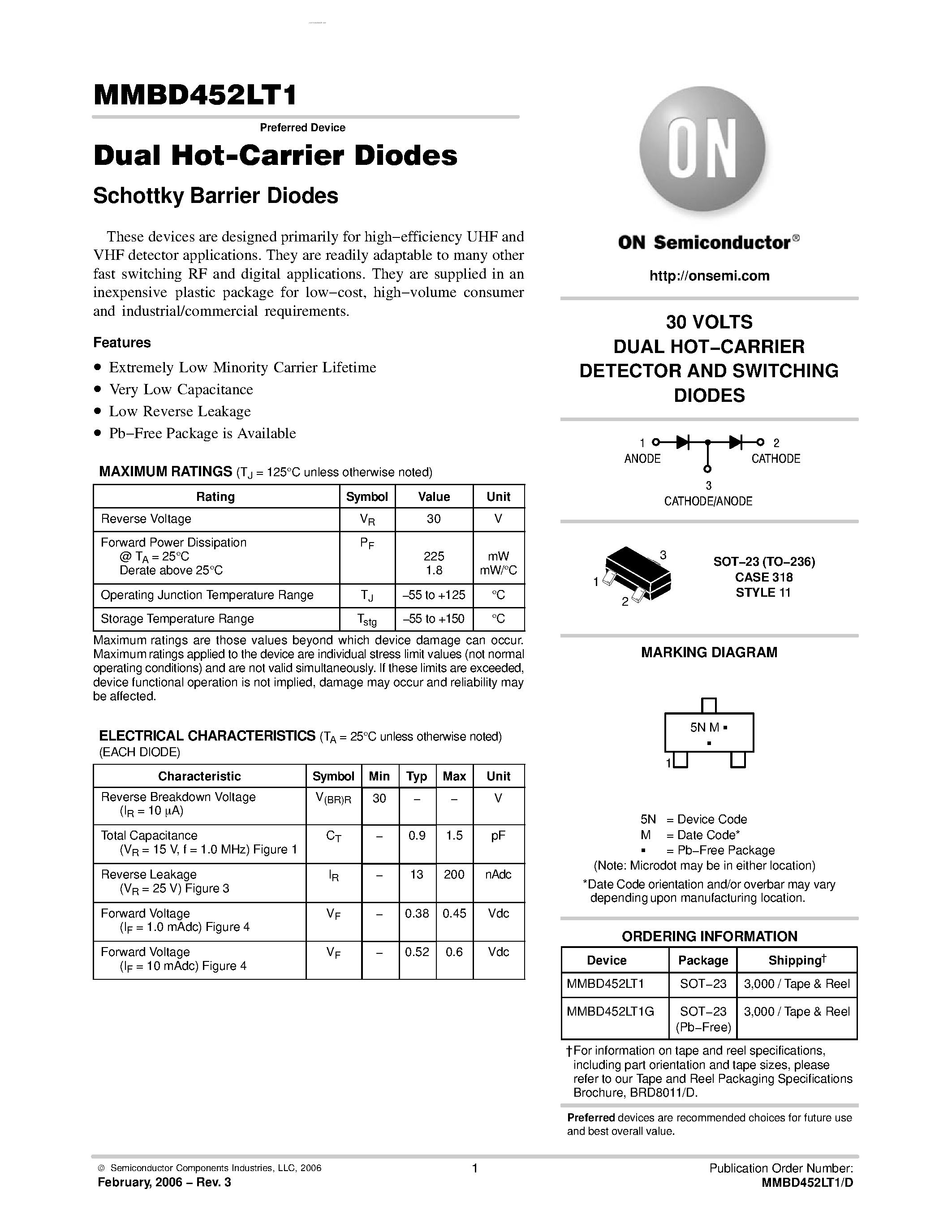Datasheet MMBD452LT1 - Dual Hot-Carrier Diodes Schottky Barrier Diodes page 1