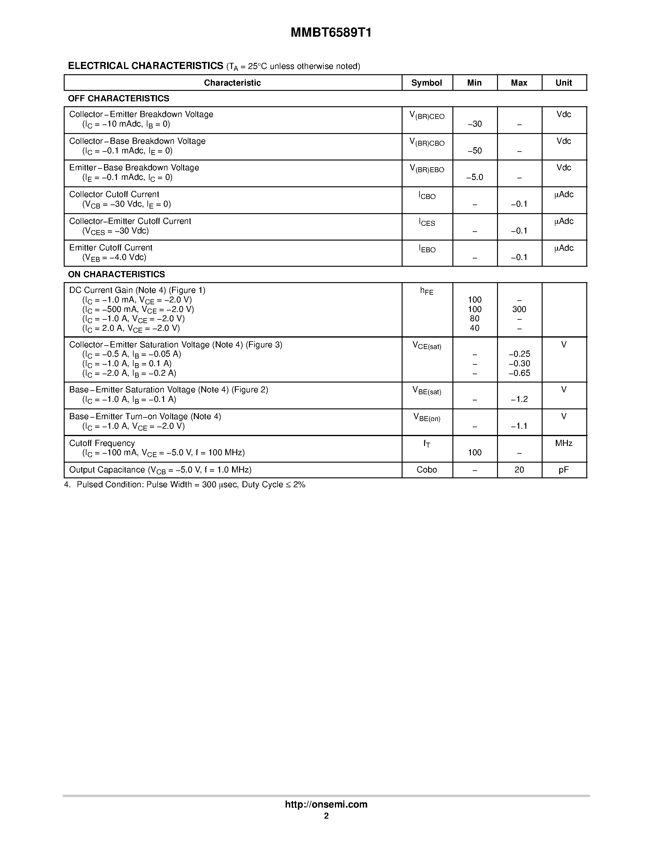 Datasheet MMBT6589T1 page 2 Datasheet MMBT6589T1 - High Current Surface Mount PNP Silicon Switching Transistor page 2
