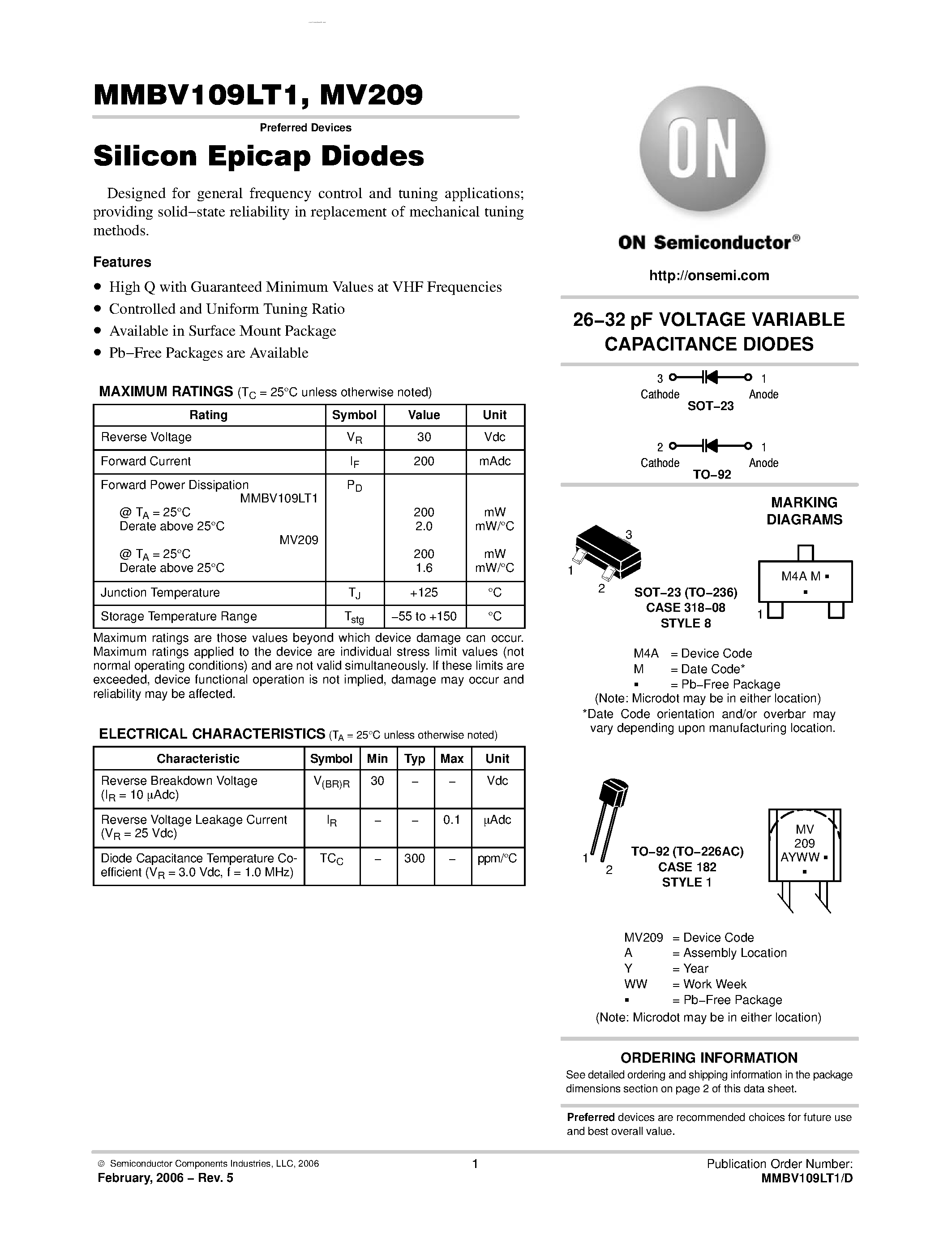 Даташит на микросхему MV209 страница 1 Даташит MV209 - Silicon Epicap Diodes страница 1