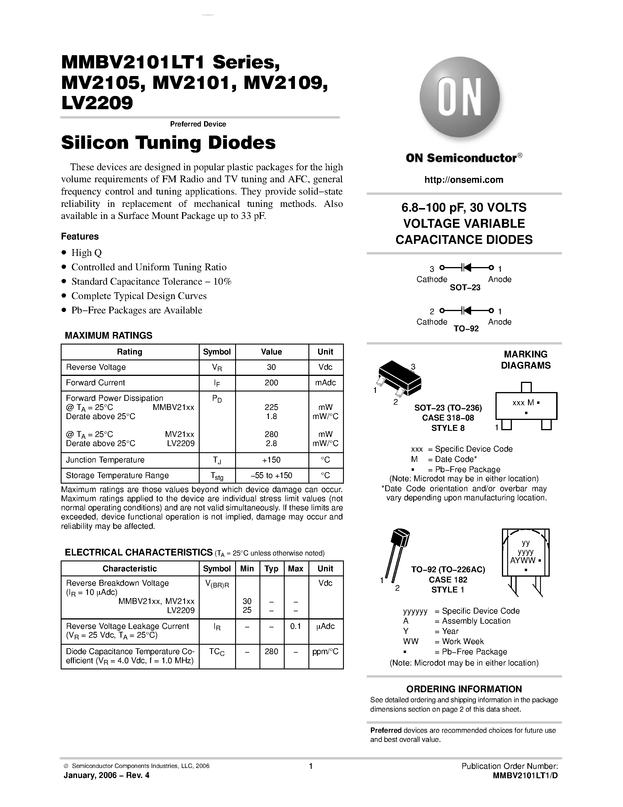Даташит на микросхему MV2101 страница 1 Даташит MV2101 - (MV2101 - MV2209) Silicon Tuning Diodes страница 1