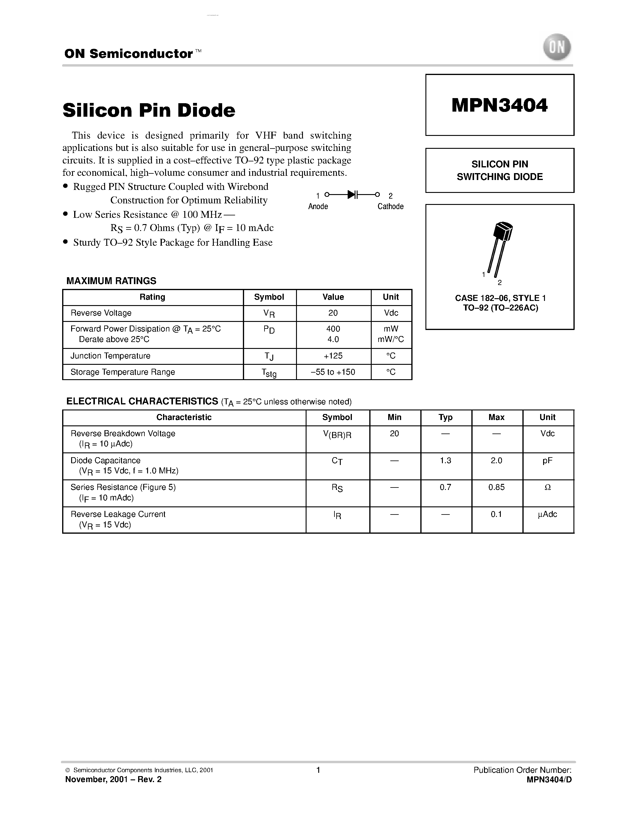 Datasheet MPN3404 page 1 Datasheet MPN3404 - SILICON PIN SWITCHING DIODE page 1