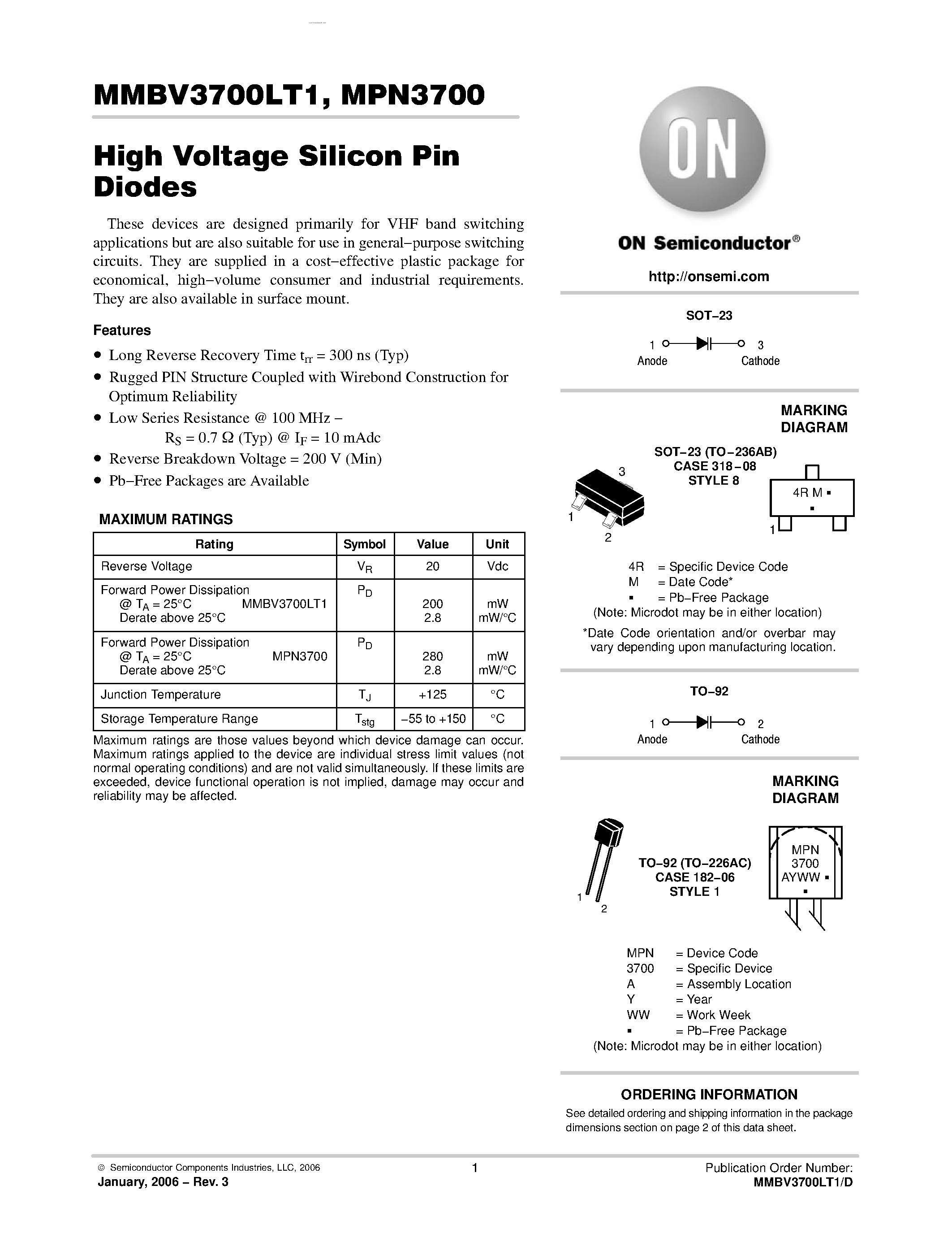 Даташит на микросхему MPN3700 страница 1 Даташит MPN3700 - High Voltage Silicon Pin Diodes страница 1
