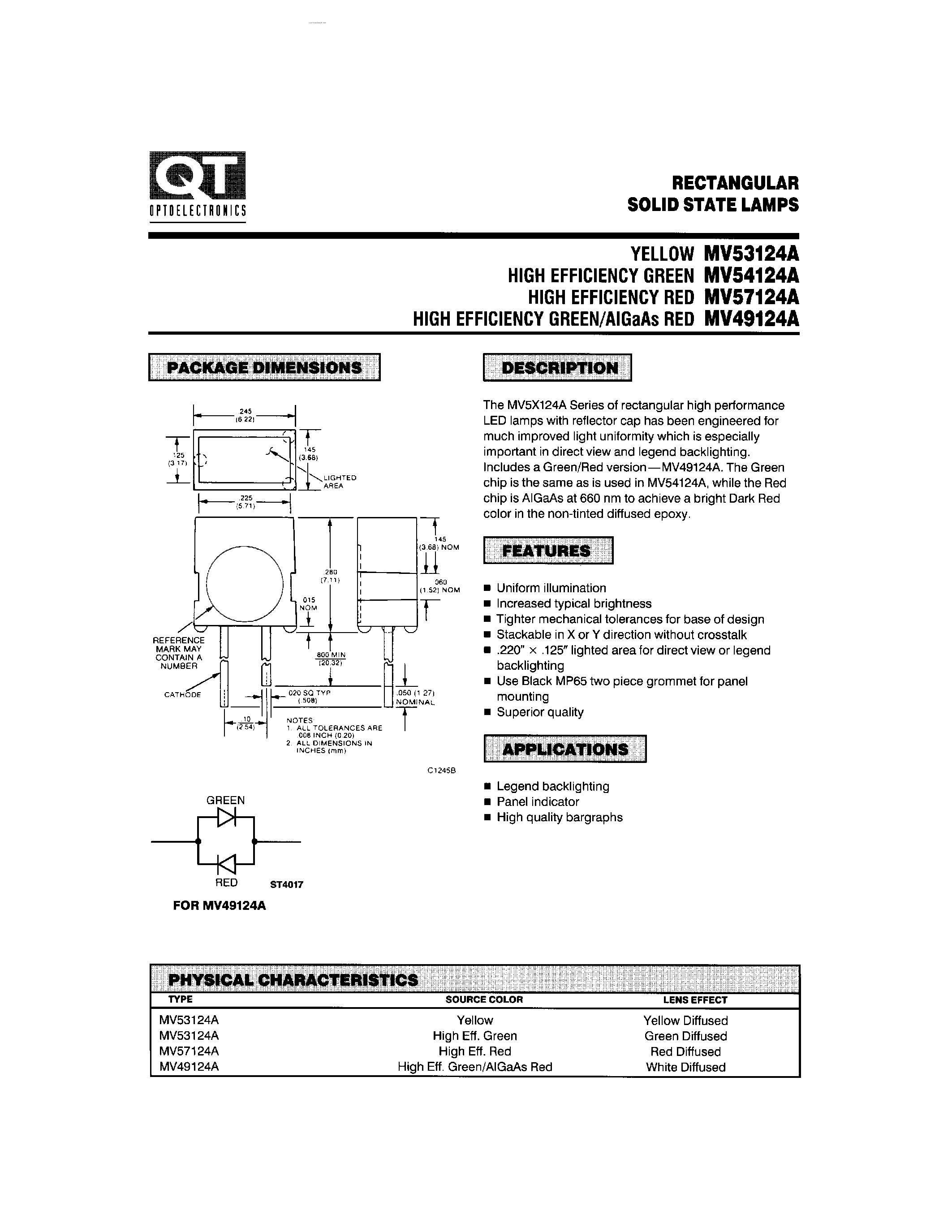 Datasheet MV49124A - RECTANGULAR SOLID STATE LAMPS page 1