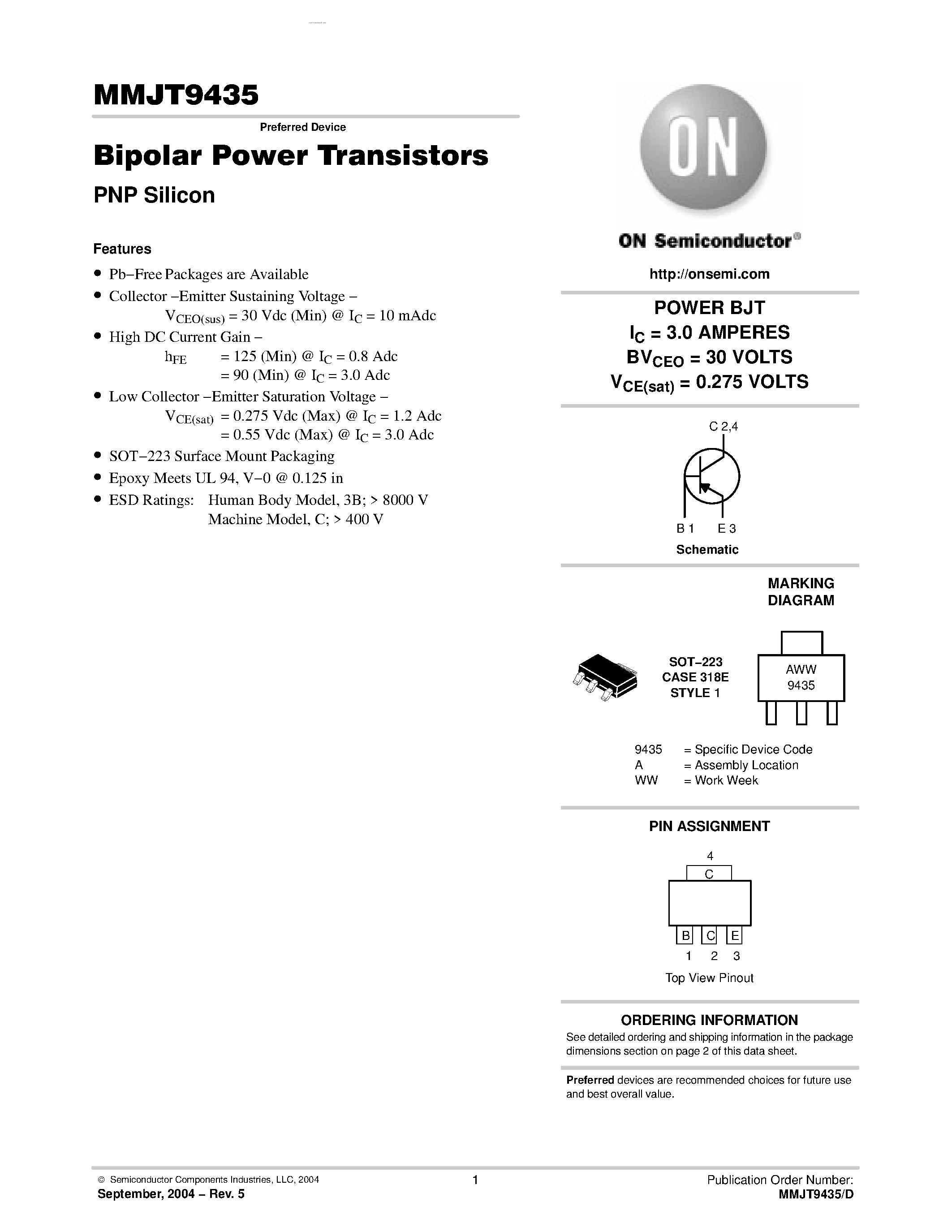 Datasheet MMJT9435 page 1 Datasheet MMJT9435 - Bipolar Power Transistors PNP Silicon page 1