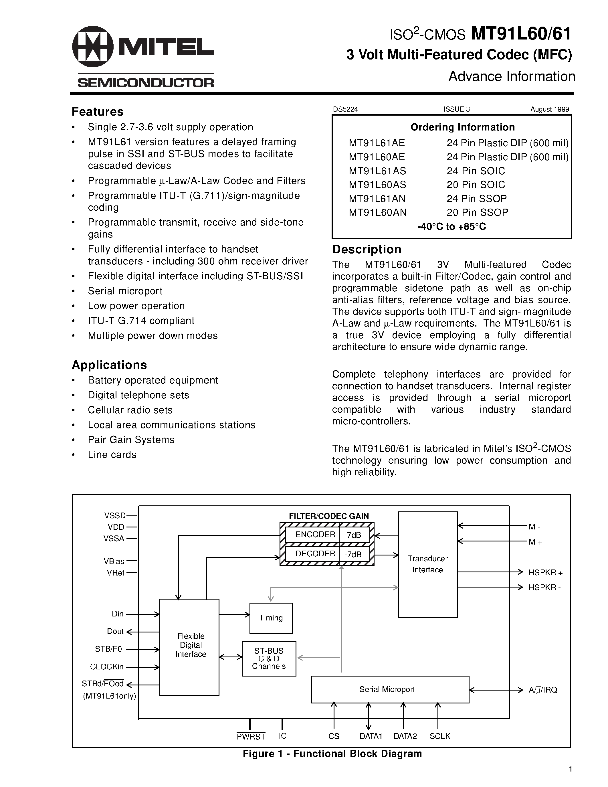 Datasheet MT91L60 - (MT91L60 / MT91L61) ISO2-CMOS 3 Volt Multi-Featured Codec page 1