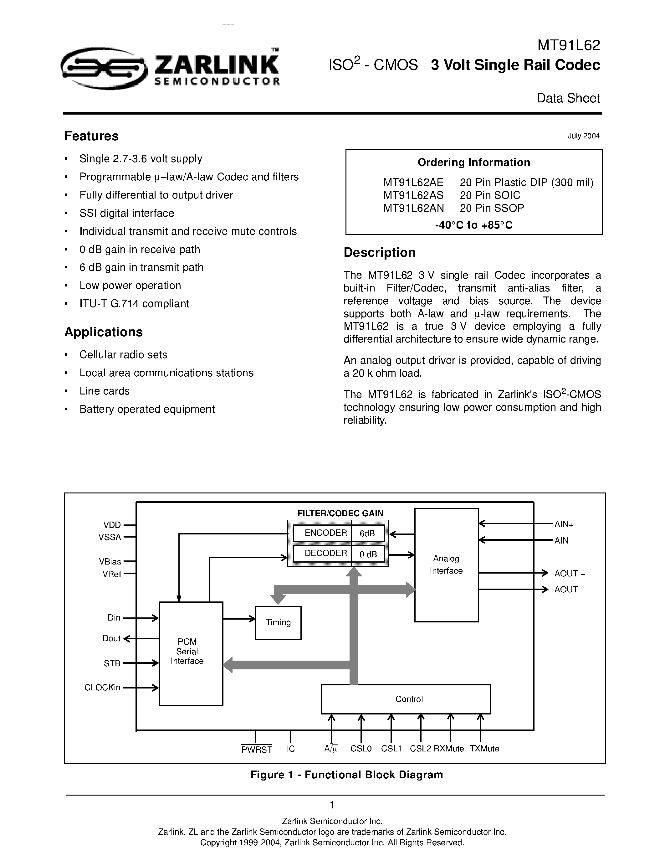 Datasheet MT91L62 - 3 Volt Single Rail Codec page 1