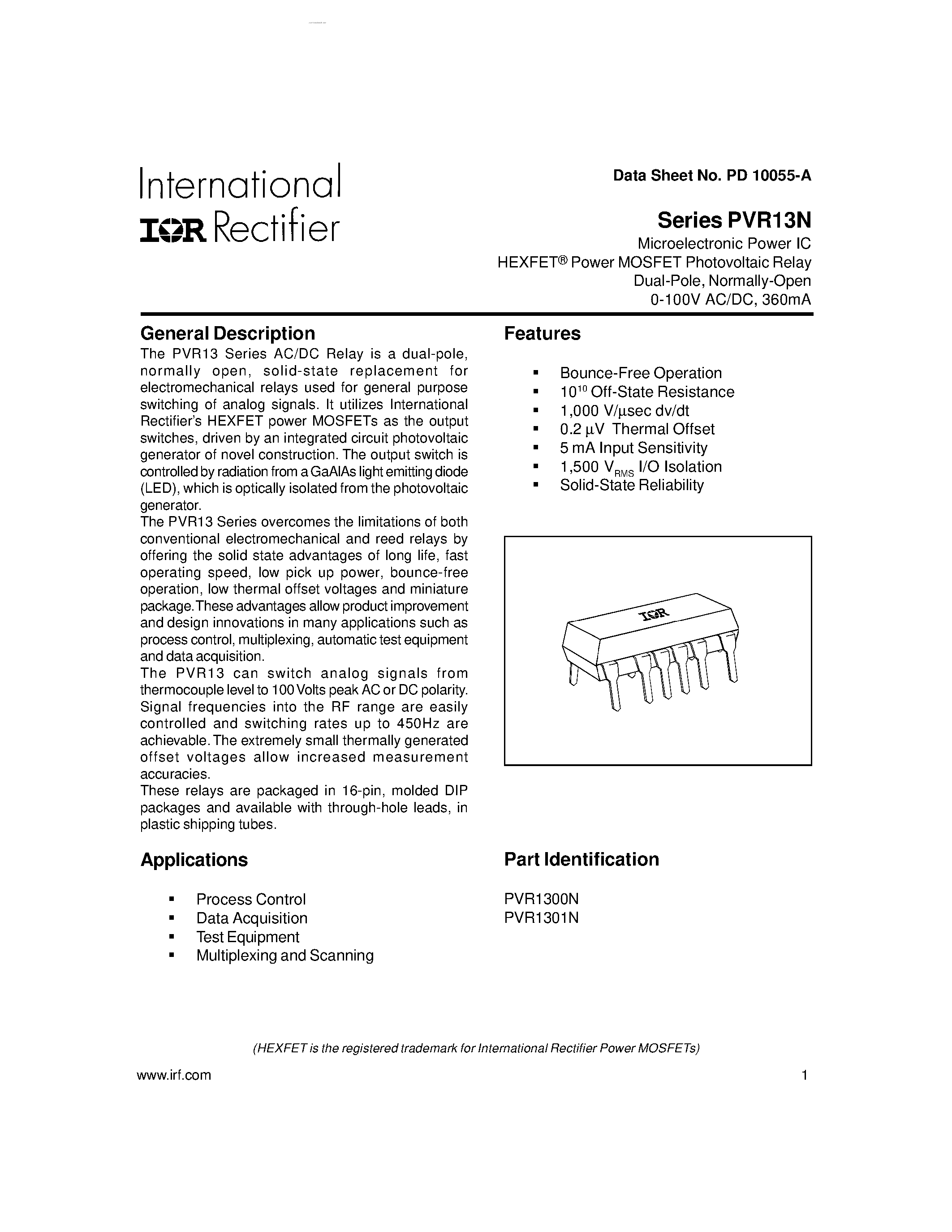 Datasheet PVR13N - Microelectronic Power IC HEXFET Power MOSFET Photovoltaic Relay page 1