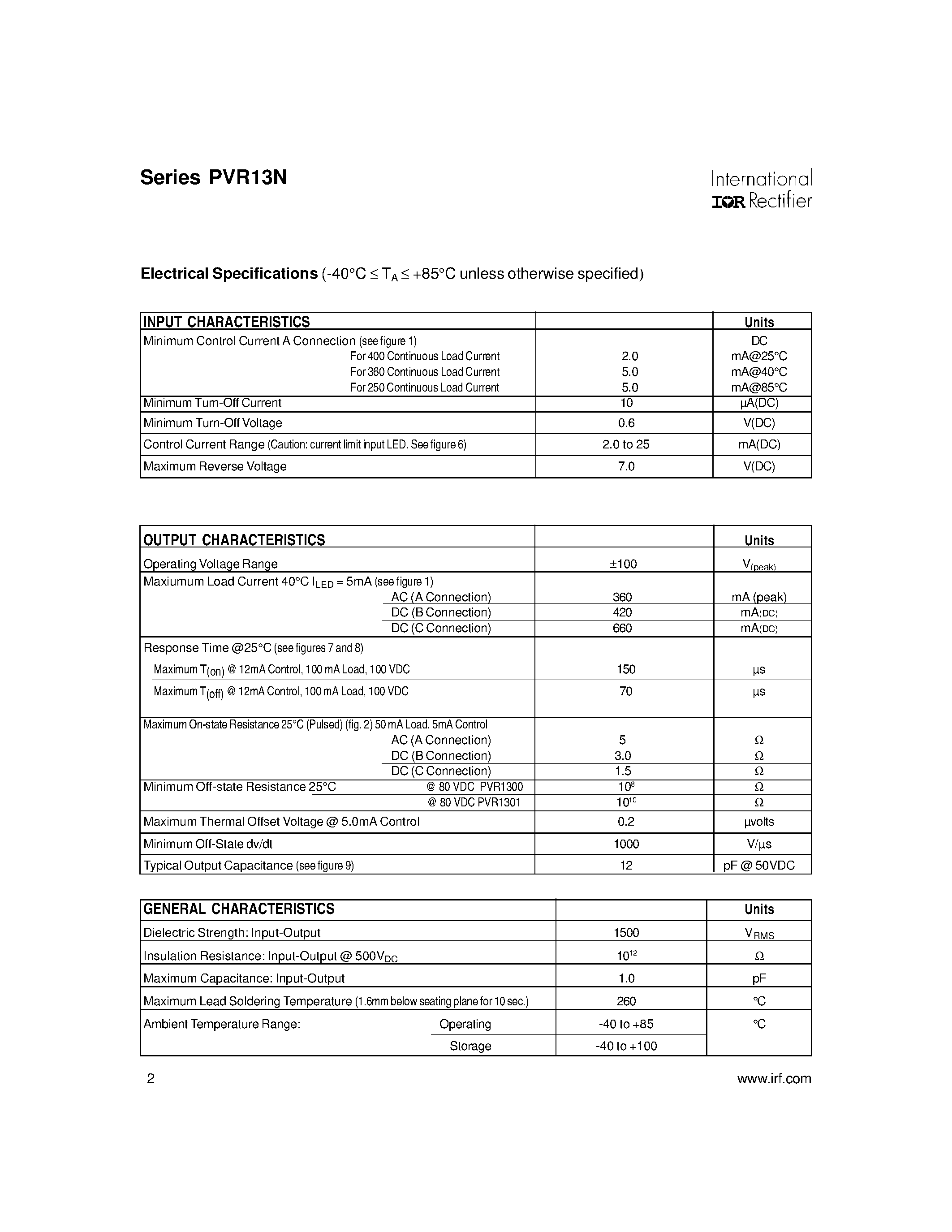 Datasheet PVR13N - Microelectronic Power IC HEXFET Power MOSFET Photovoltaic Relay page 2