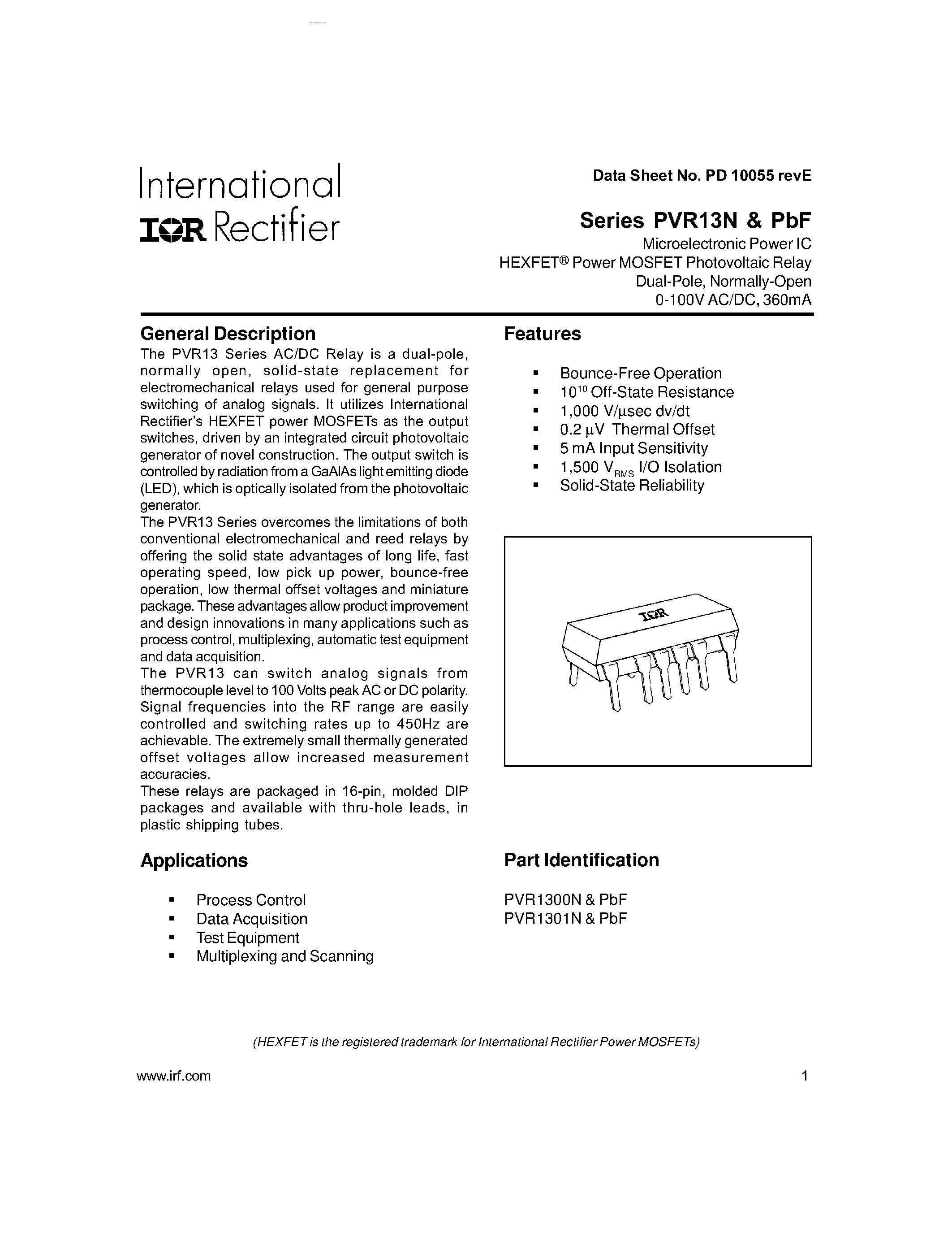 Datasheet PVR13NPBF - Microelectronic Power IC HEXFET Power MOSFET Photovoltaic Relay page 1