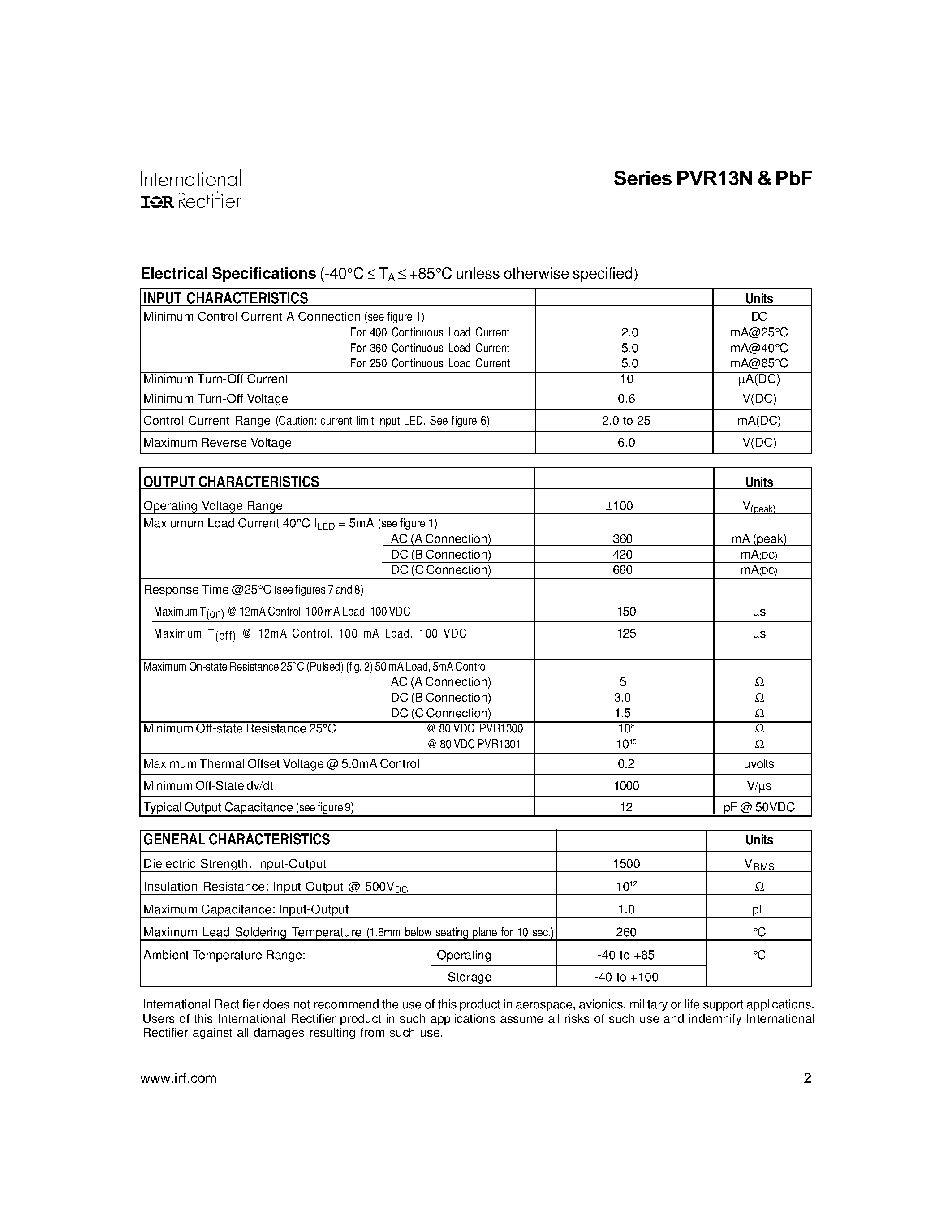 Datasheet PVR13NPBF - Microelectronic Power IC HEXFET Power MOSFET Photovoltaic Relay page 2