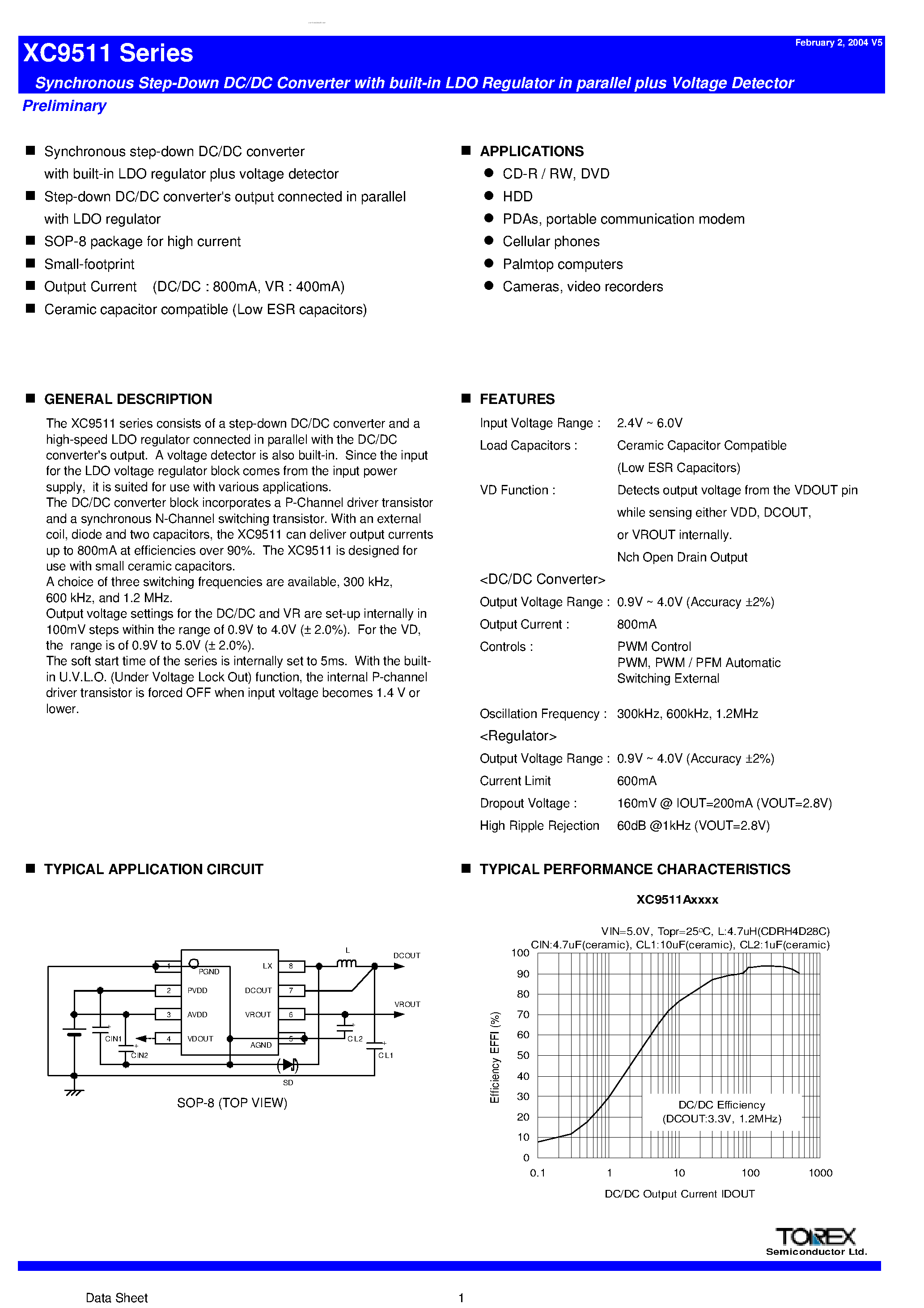 Datasheet XC9511 page 1 Datasheet XC9511 - Synchronous Step-Down DC/DC Converter page 1
