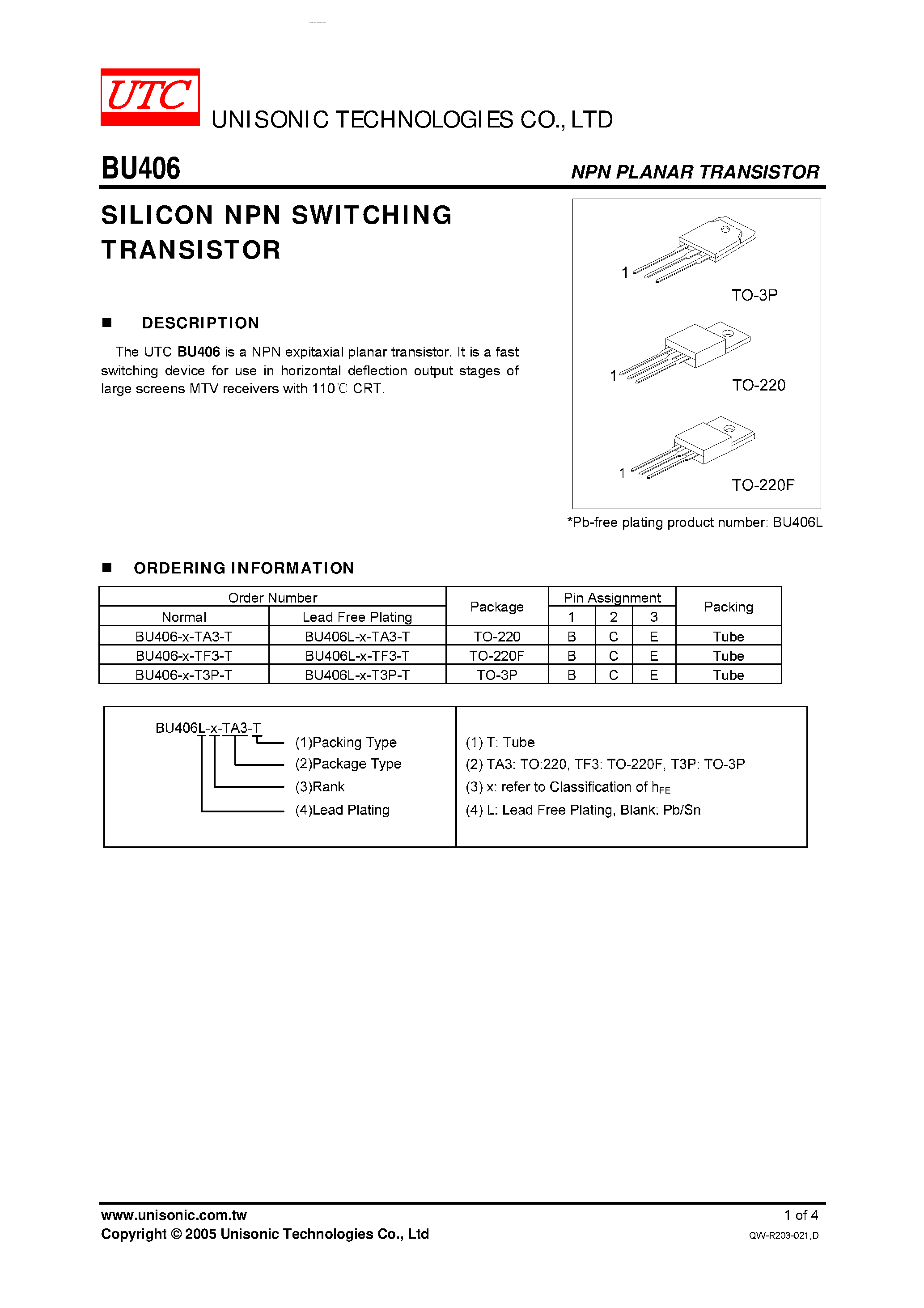 Даташит BU406 - SILICON NPN SWITCHING TRANSISTOR страница 1