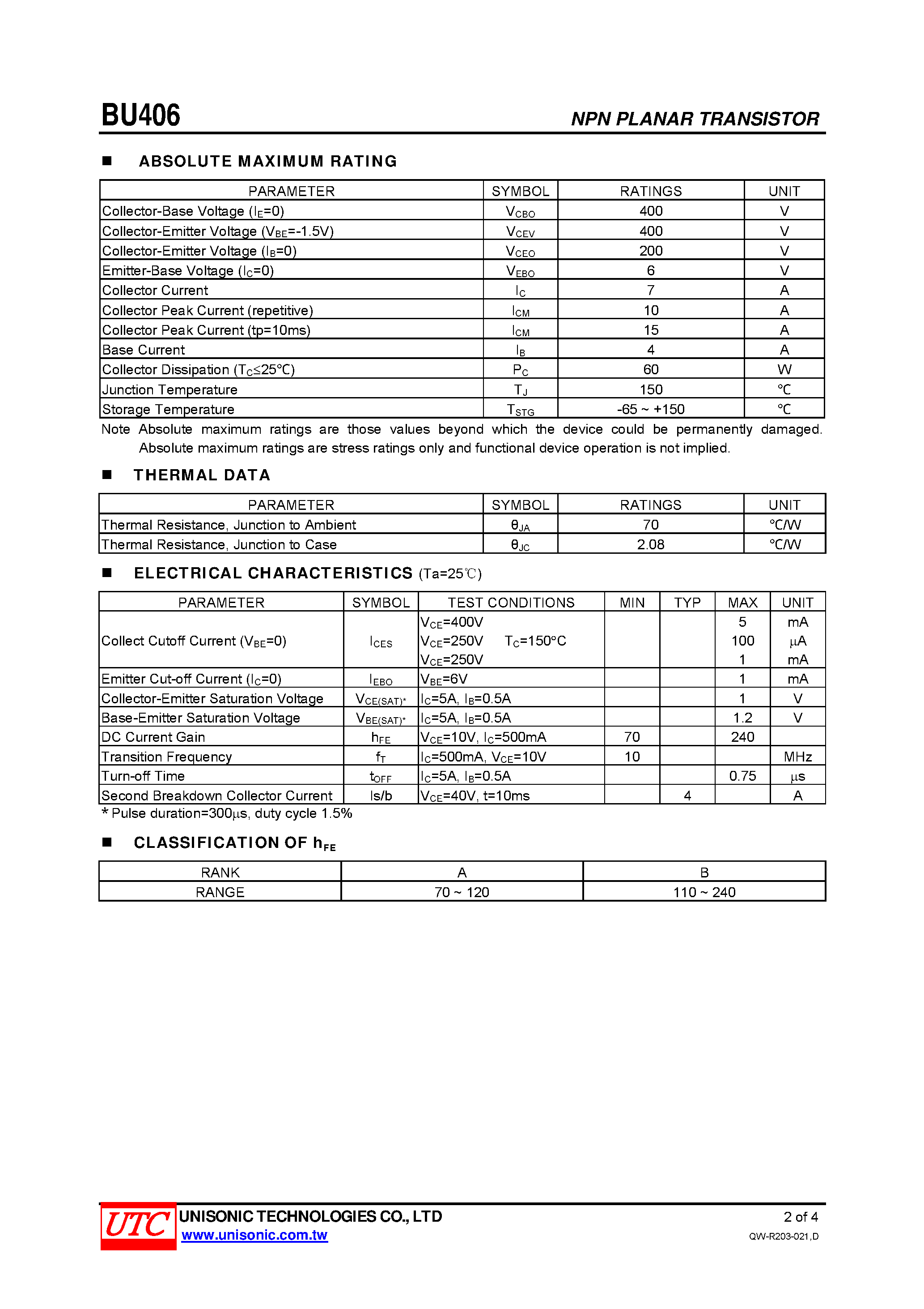 Даташит BU406 - SILICON NPN SWITCHING TRANSISTOR страница 2