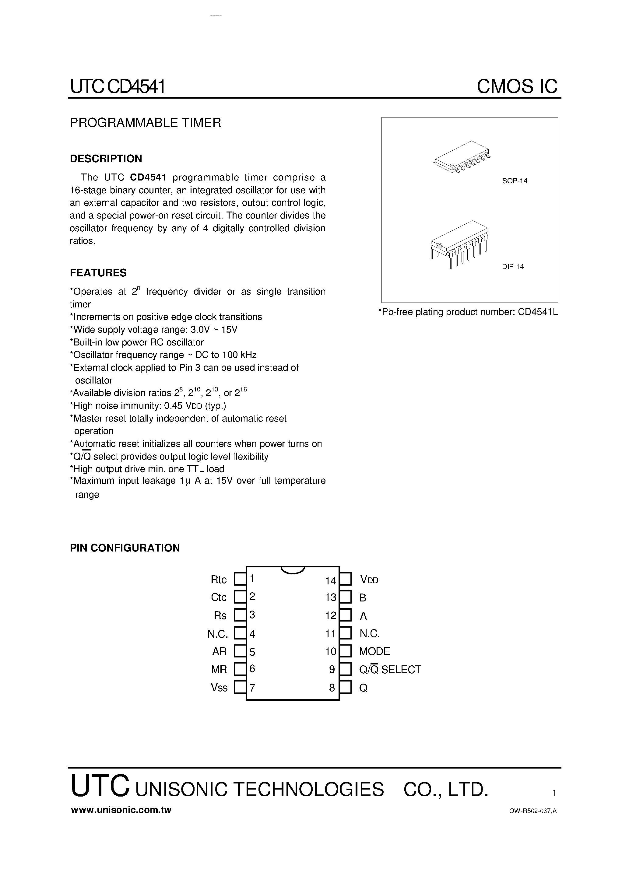Даташит на микросхему CD4541 страница 1 Даташит CD4541 - PROGRAMMABLE TIMER CMOS IC страница 1