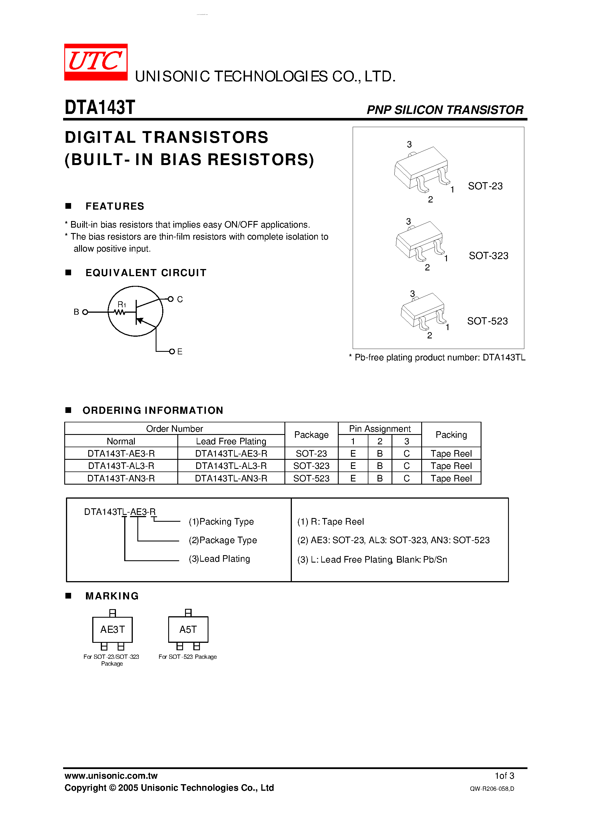Даташит DTA143T - DIGITAL TRANSISTORS страница 1