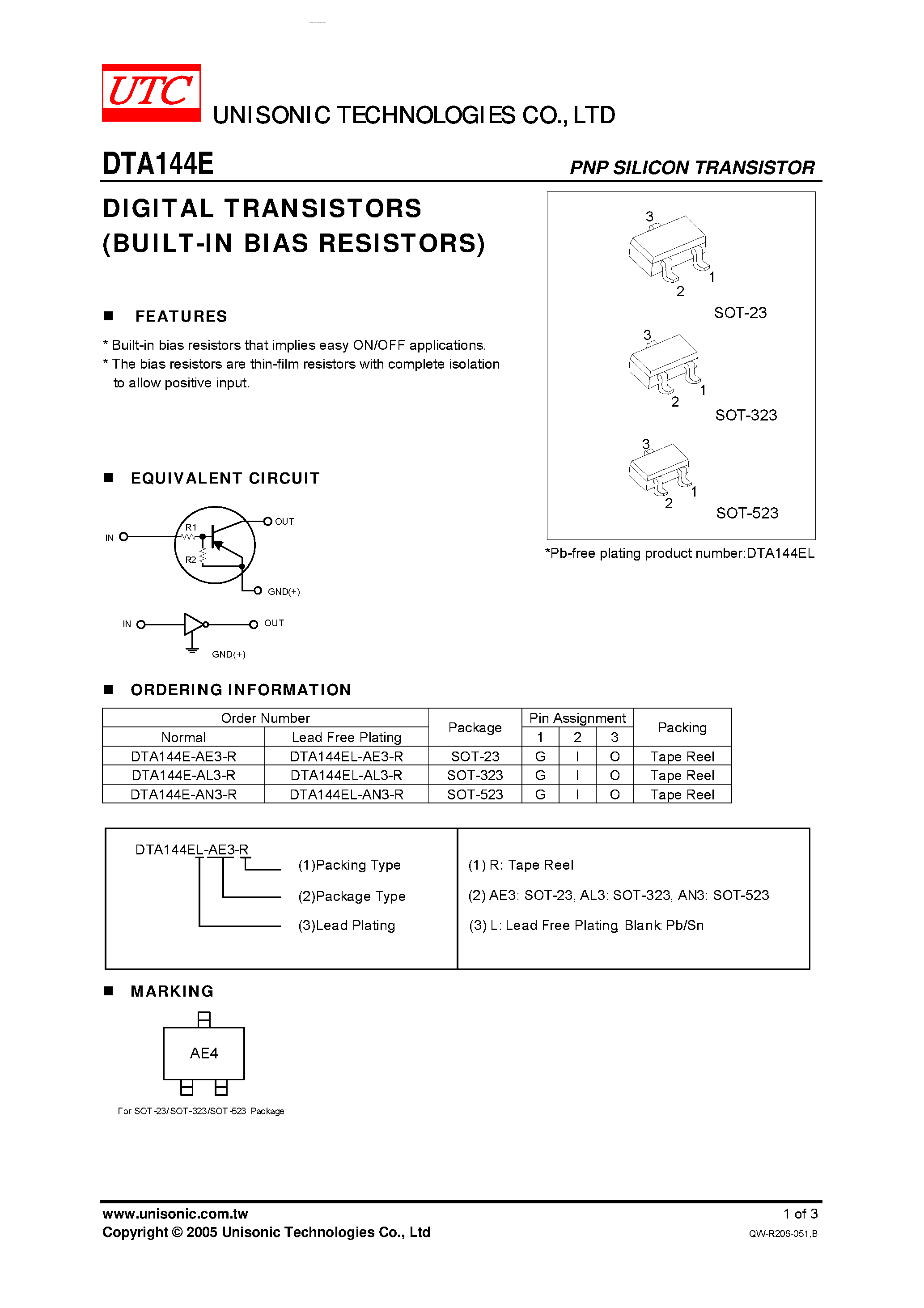 Даташит DTA144E - DIGITAL TRANSISTORS страница 1