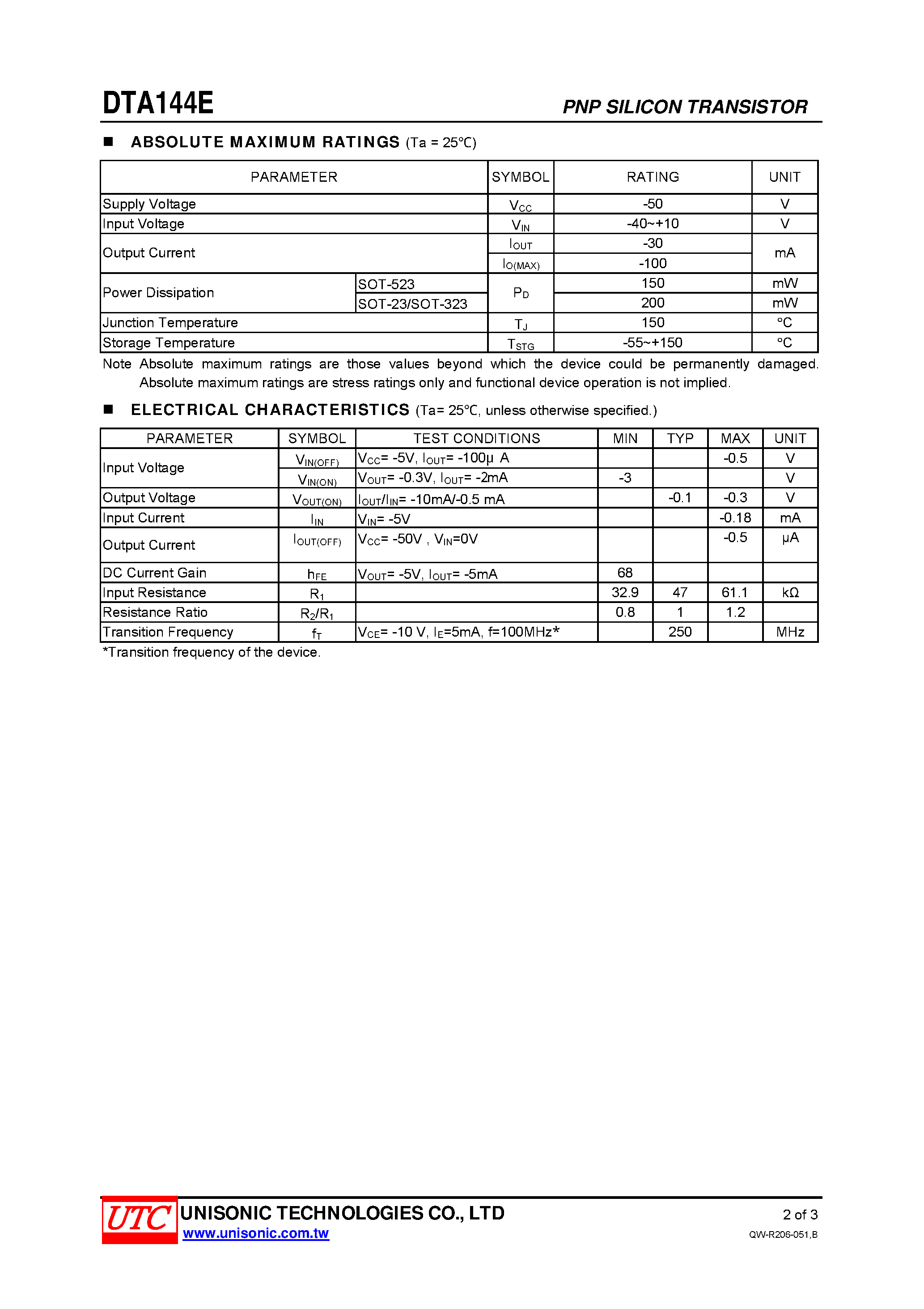 Даташит DTA144E - DIGITAL TRANSISTORS страница 2