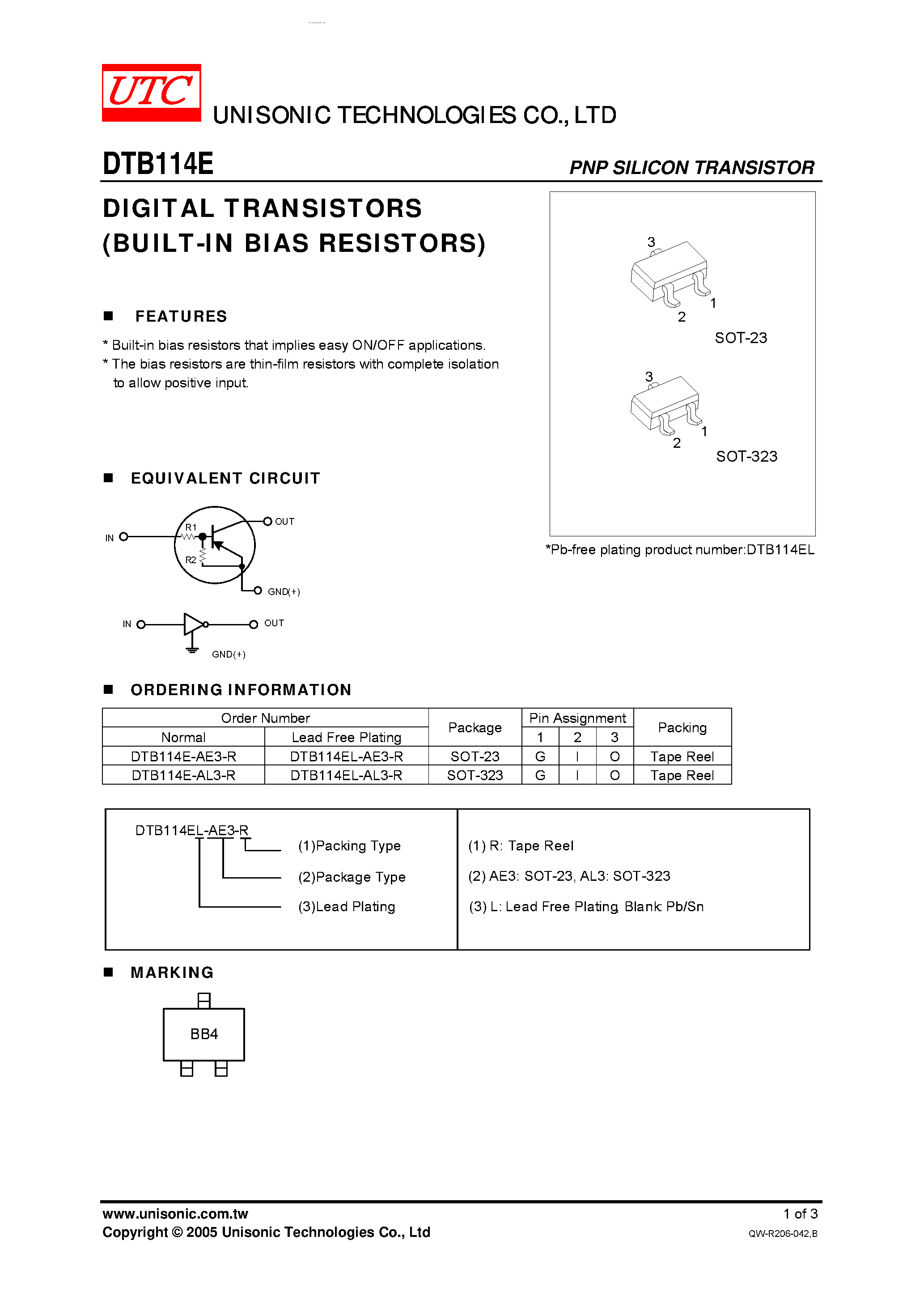 Даташит DTB114E - DIGITAL TRANSISTORS страница 1
