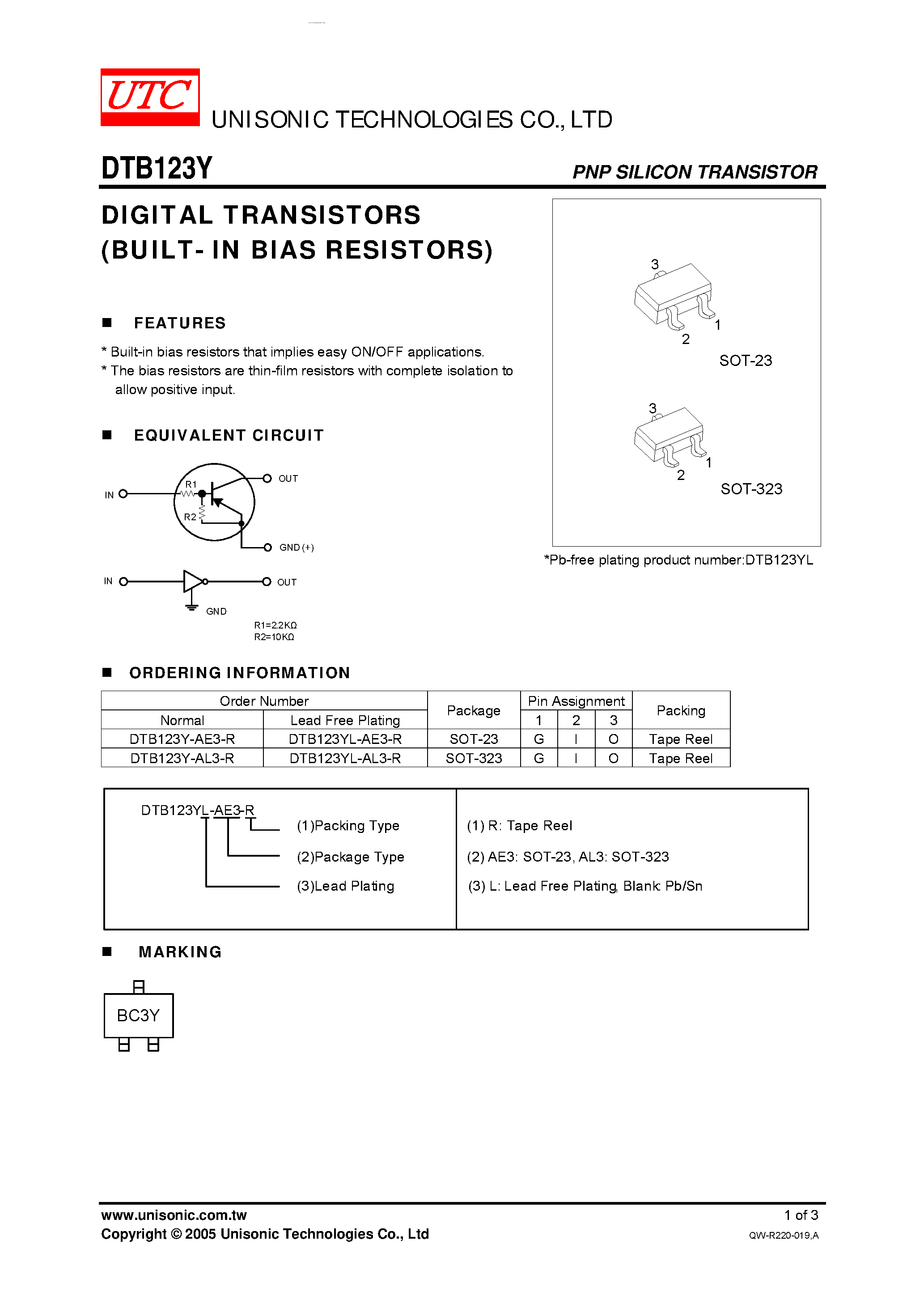 Даташит DTB123Y - DIGITAL TRANSISTORS страница 1