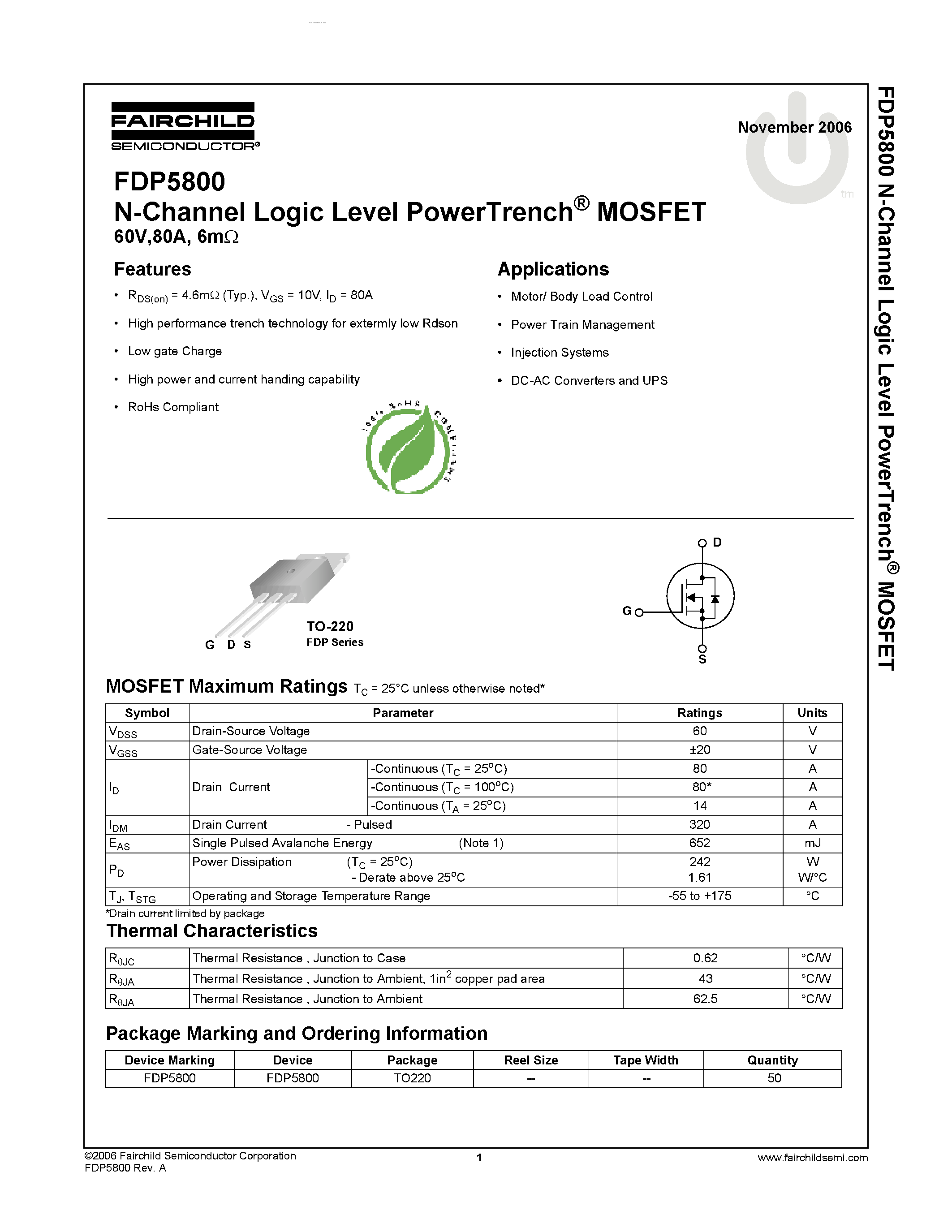 Datasheet FDP5800 - N-Channel Logic Level PowerTrench MOSFET page 1