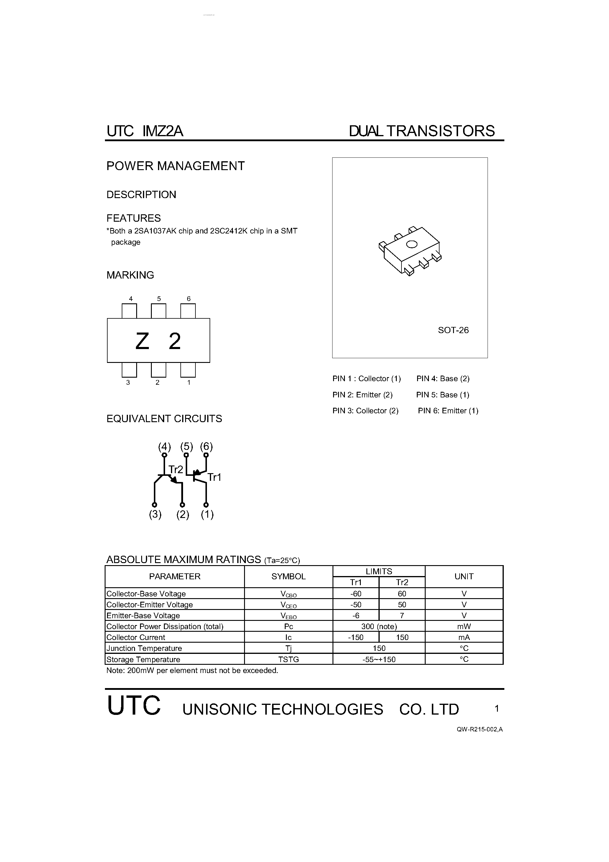 Даташит на микросхему IMZ2A страница 1 Даташит IMZ2A - POWER MANAGEMENT DUAL TRANSISTORS страница 1