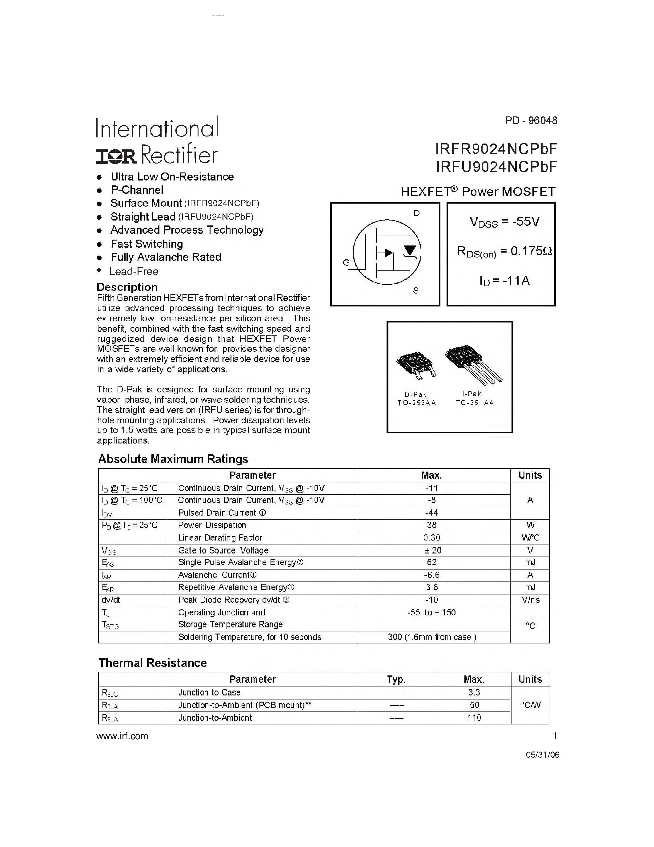 Datasheet IRFR9024NCPBF - (IRFR9024NCPBF / IRFU9024NCPBF) HEXFET POWER MOSFET page 1