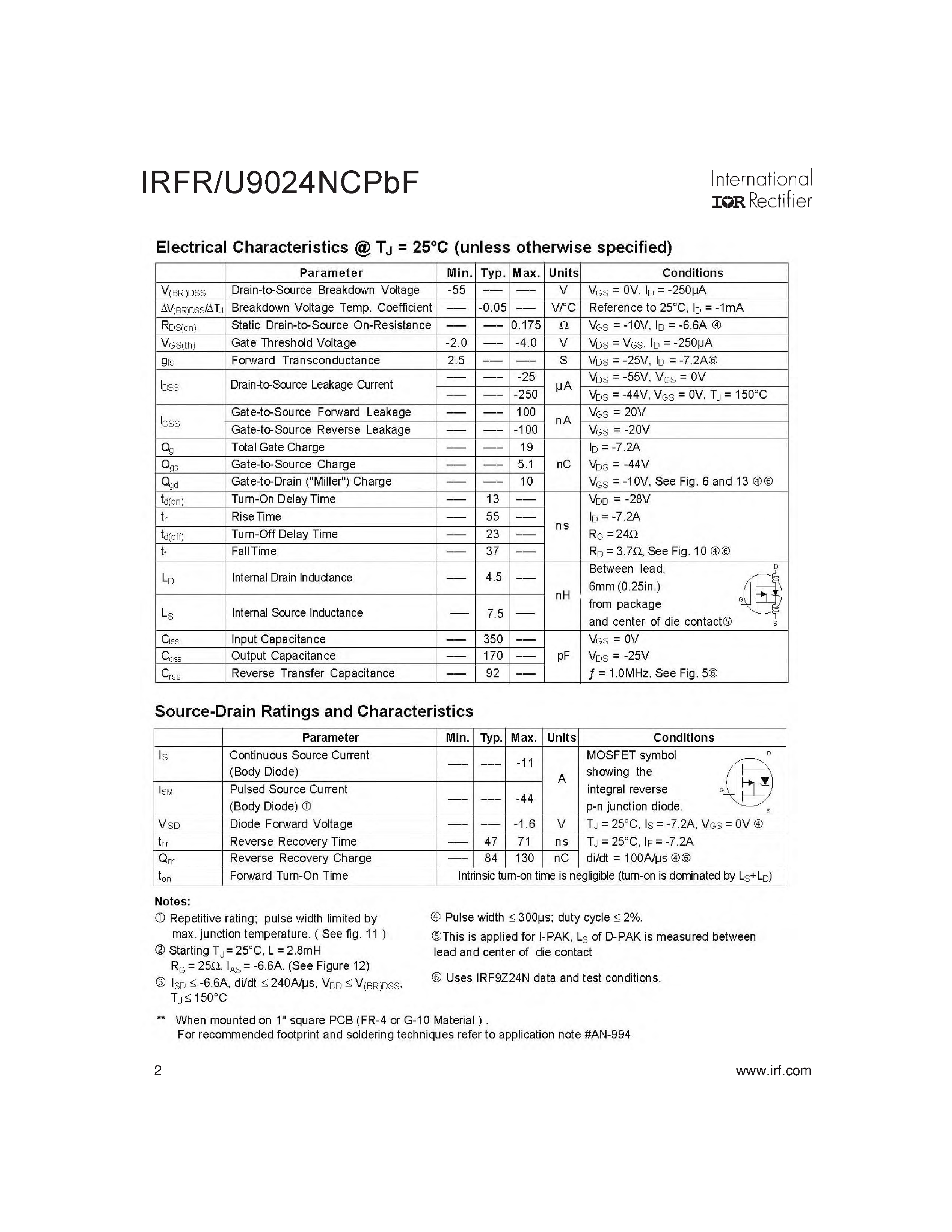 Datasheet IRFR9024NCPBF - (IRFR9024NCPBF / IRFU9024NCPBF) HEXFET POWER MOSFET page 2