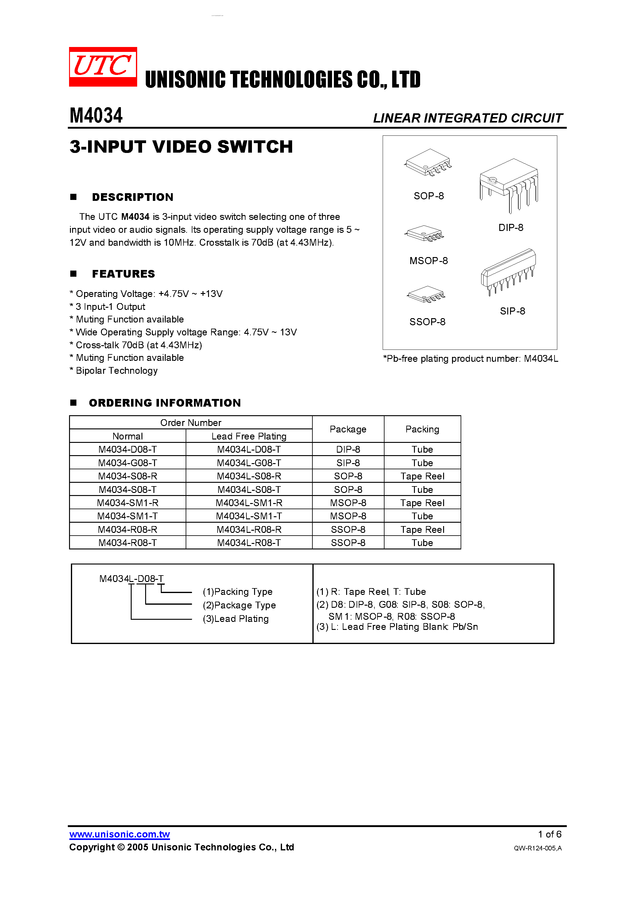 Datasheet M4034 - 3-INPUT VIDEO SWITCH page 1