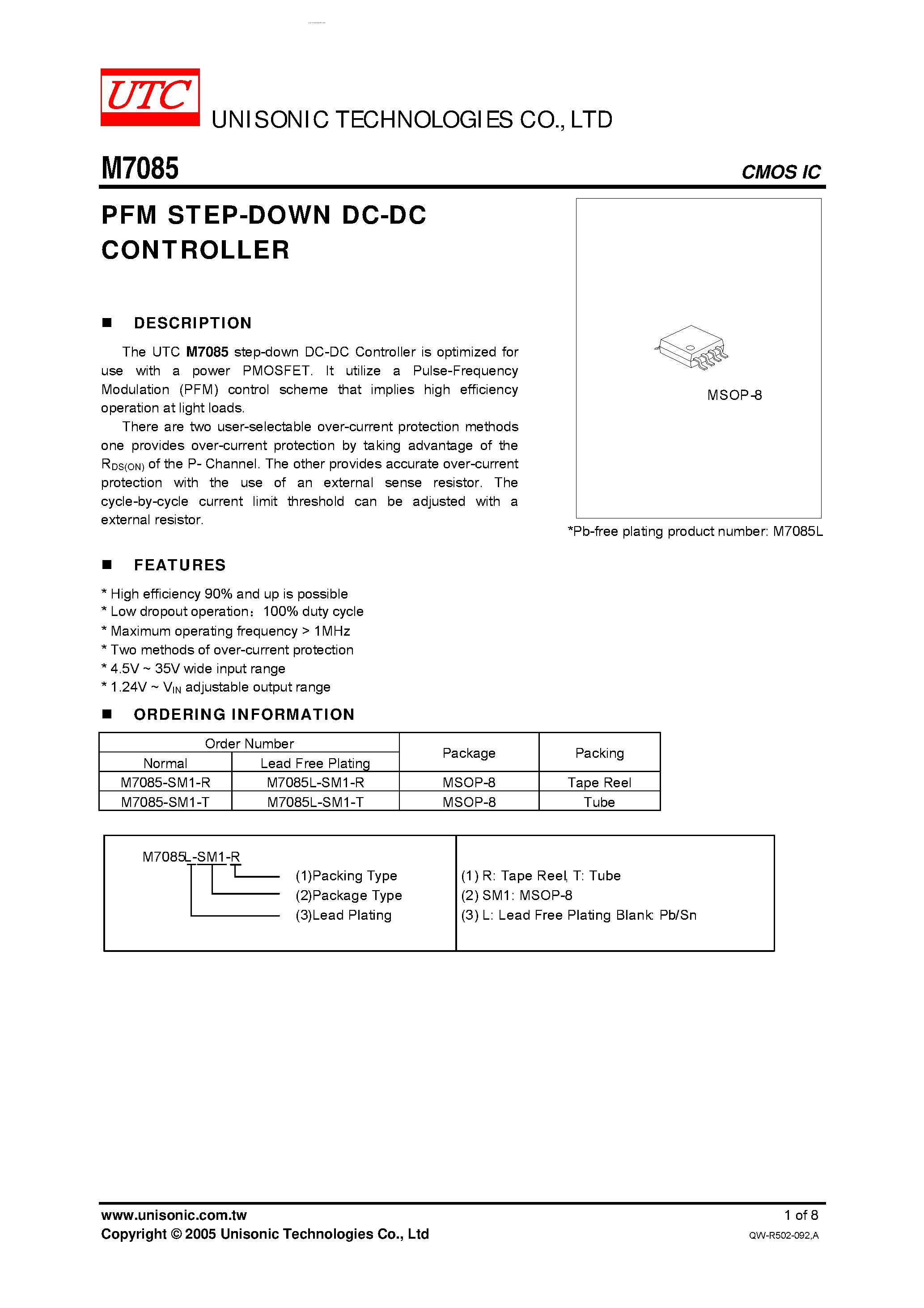 Datasheet M7085 - PFM STEP-DOWN DC-DC CONTROLLER page 1