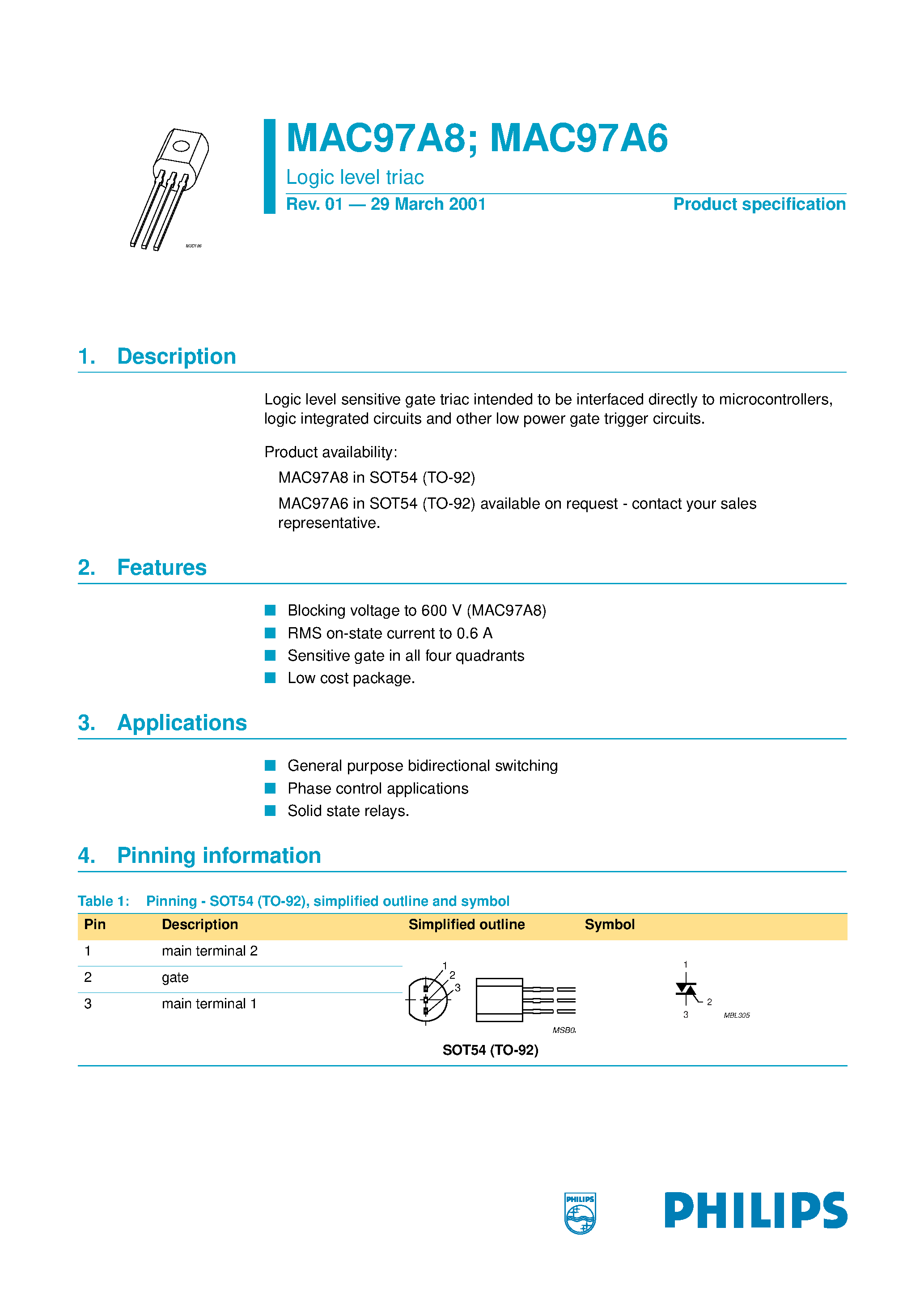 Datasheet MAC97A6 - (MAC97A6 / MAC97A8) Logic level triac page 1