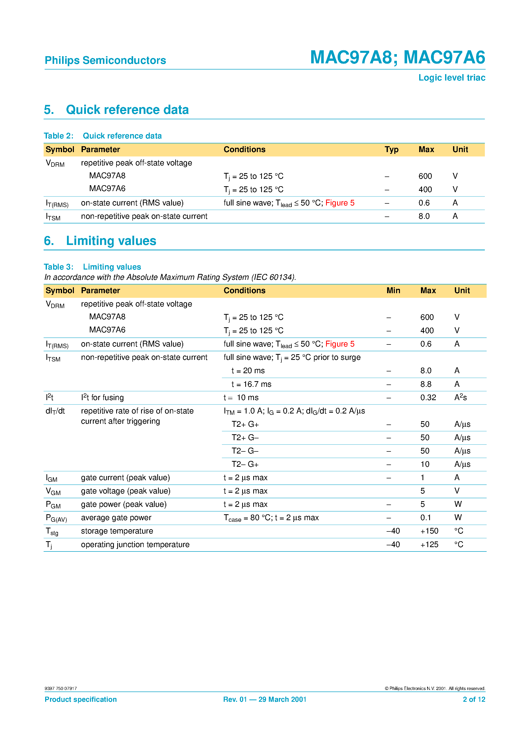 Datasheet MAC97A6 - (MAC97A6 / MAC97A8) Logic level triac page 2