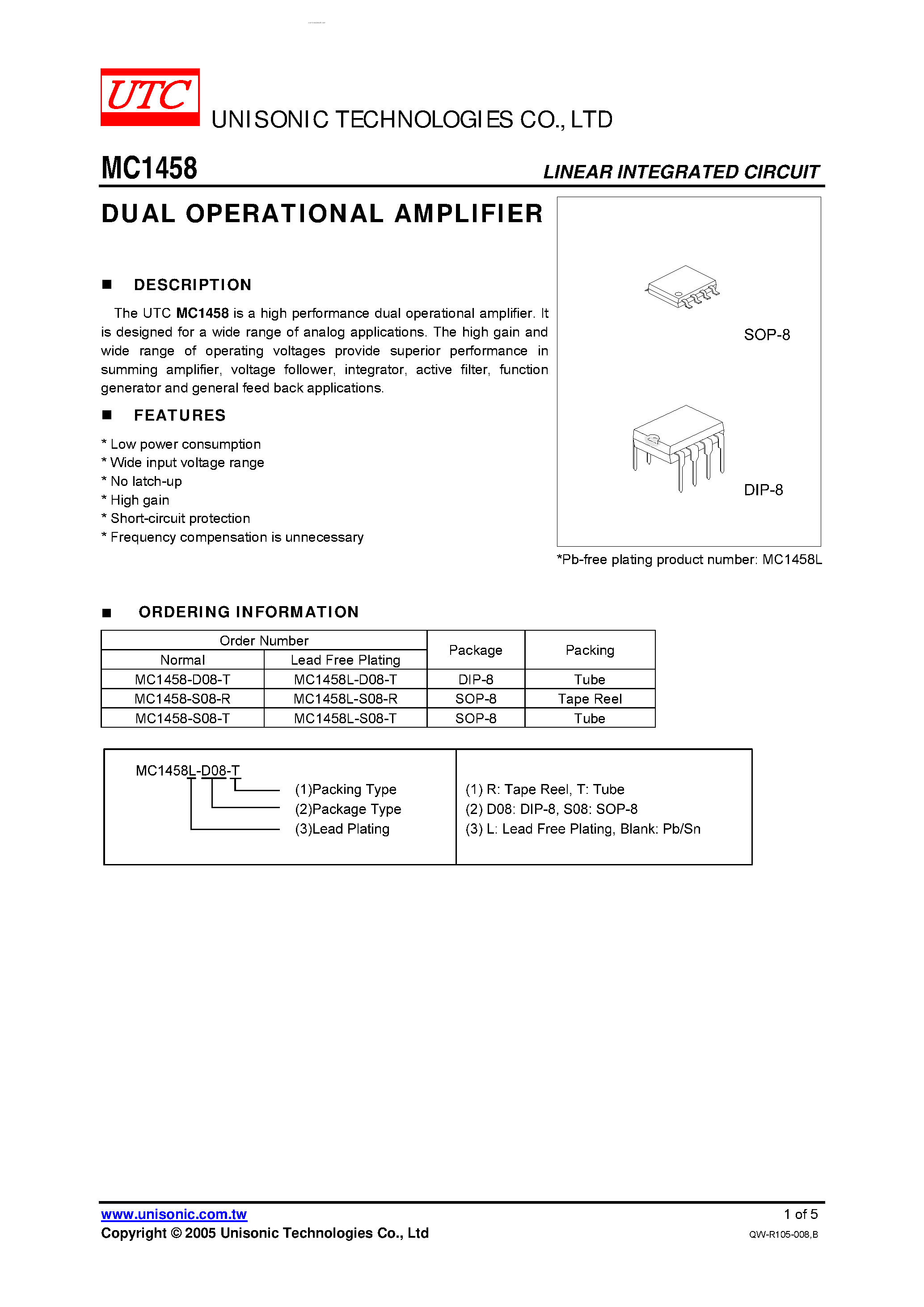 Datasheet MC1458 page 1 Datasheet MC1458 - DUAL OPERATIONAL AMPLIFIER page 1