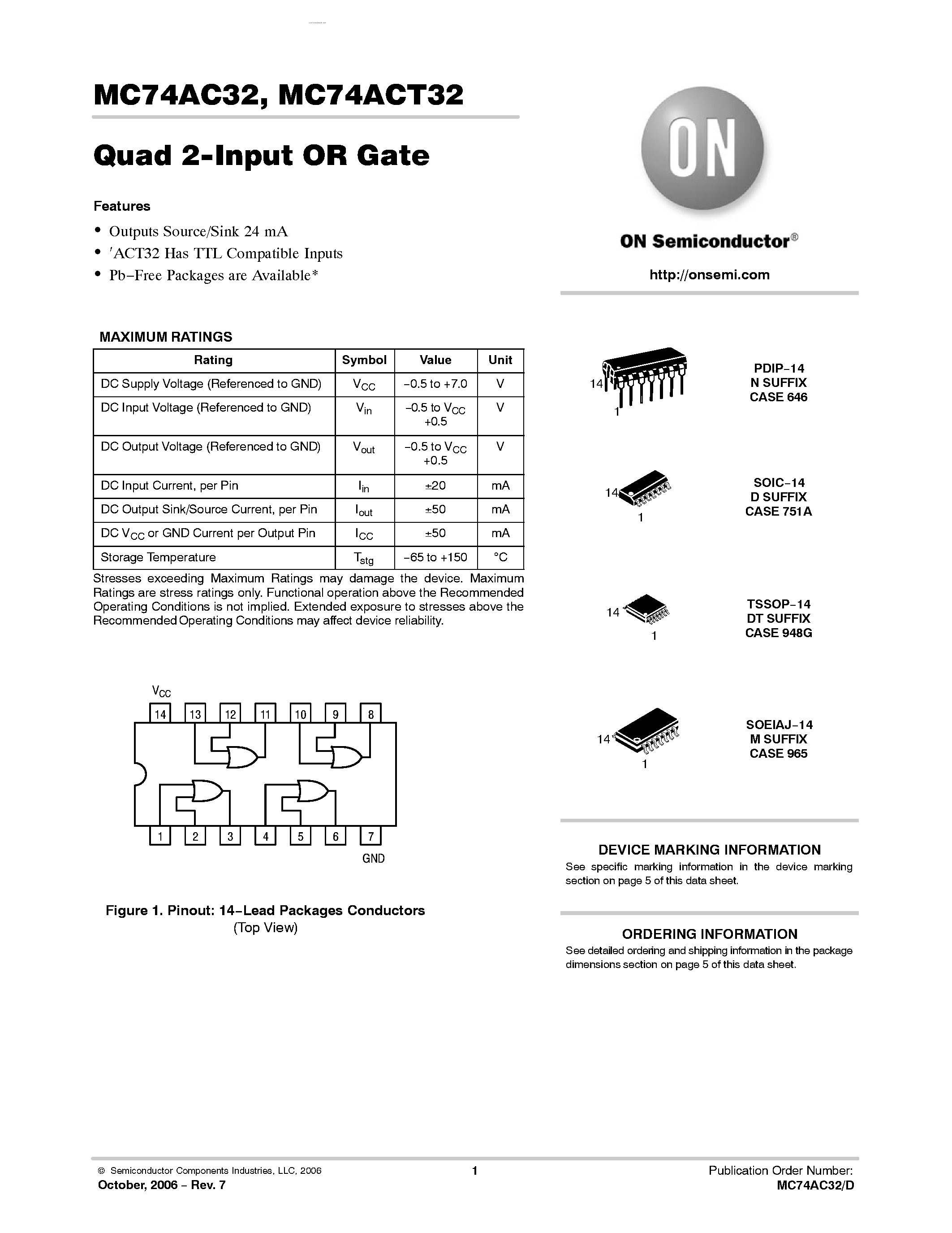 Даташит MC74AC32 - QUAD 2-INPUT OR GATE страница 1