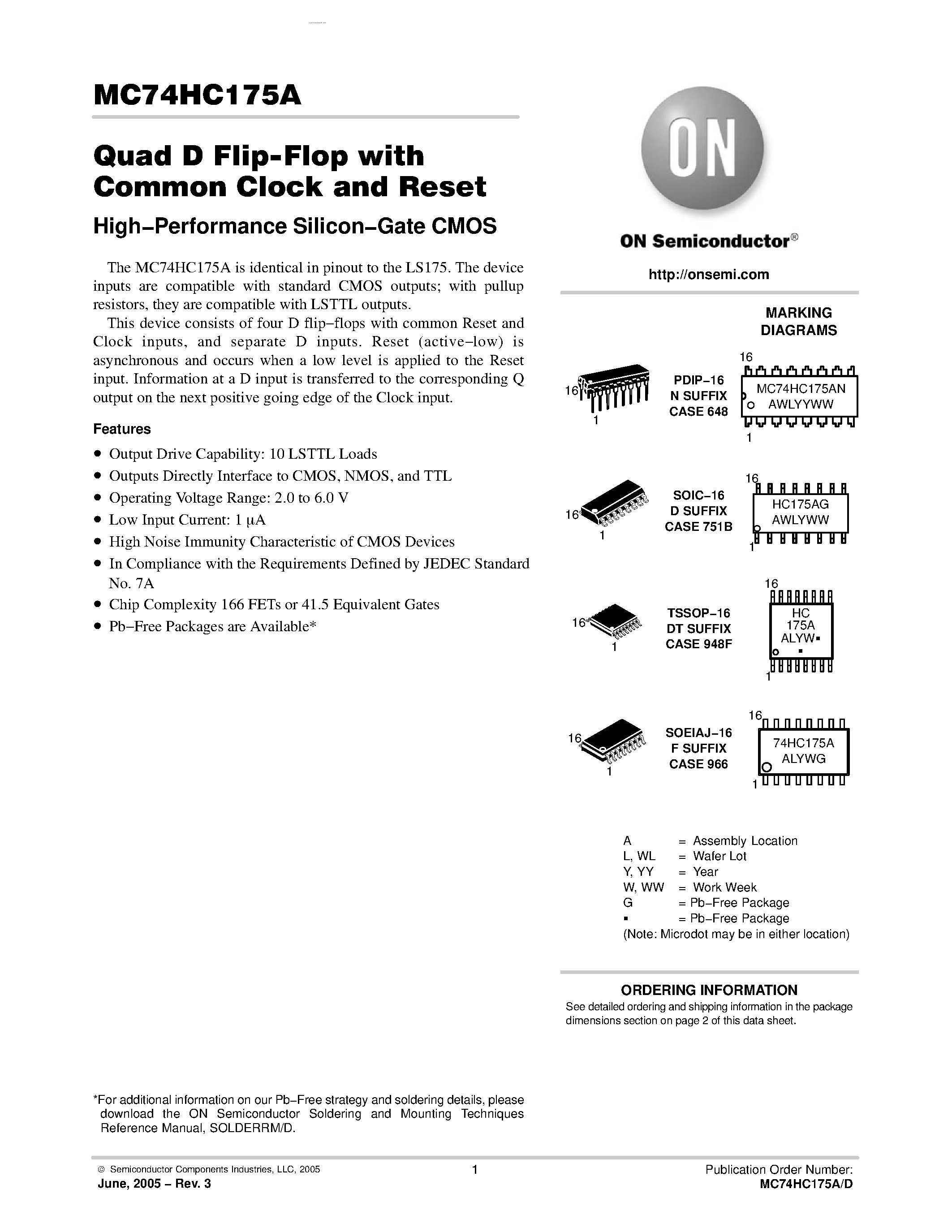 Даташит MC74HC175A - Quad D Flip-Flop страница 1