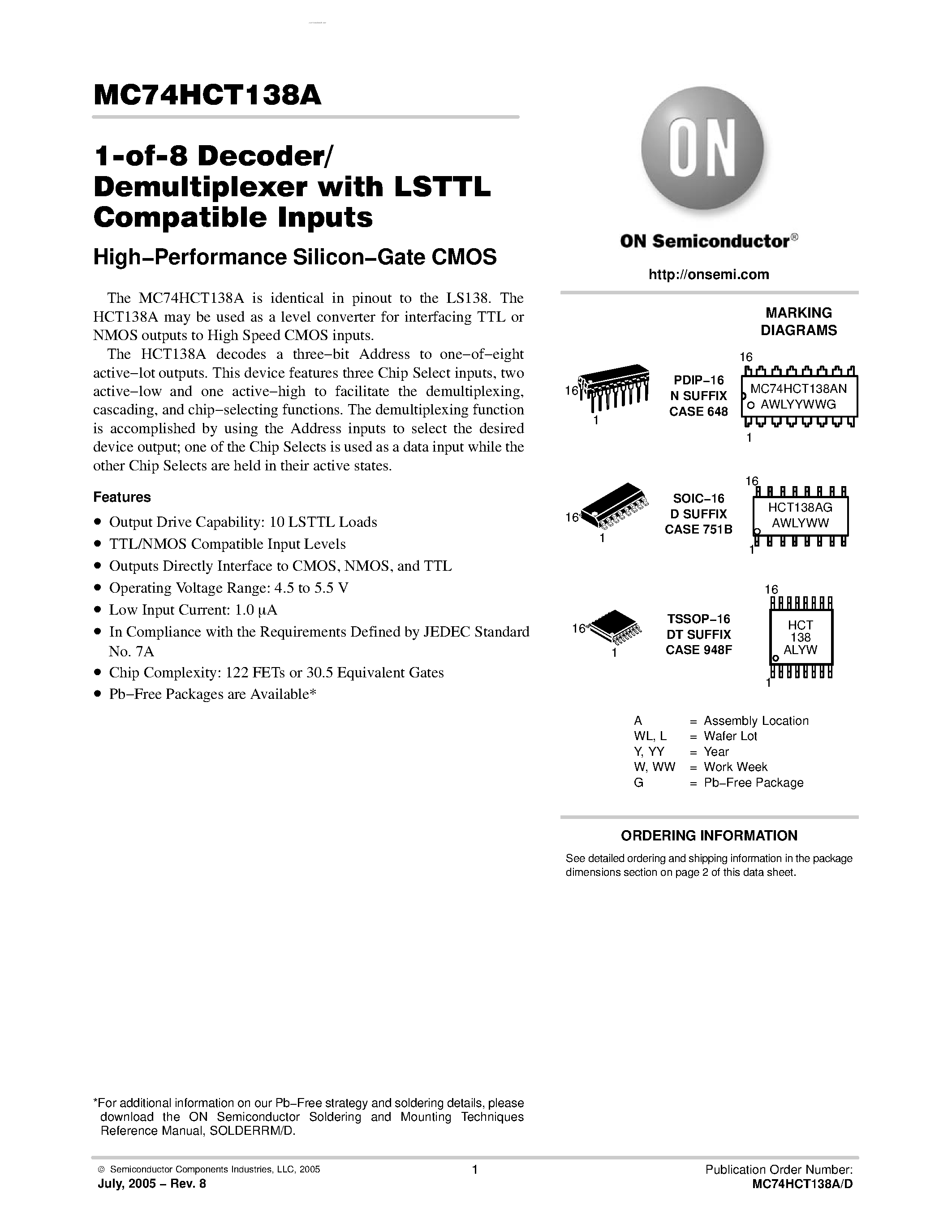 Даташит MC74HCT138A - 1-of-8 Decoder/ Demultiplexer страница 1