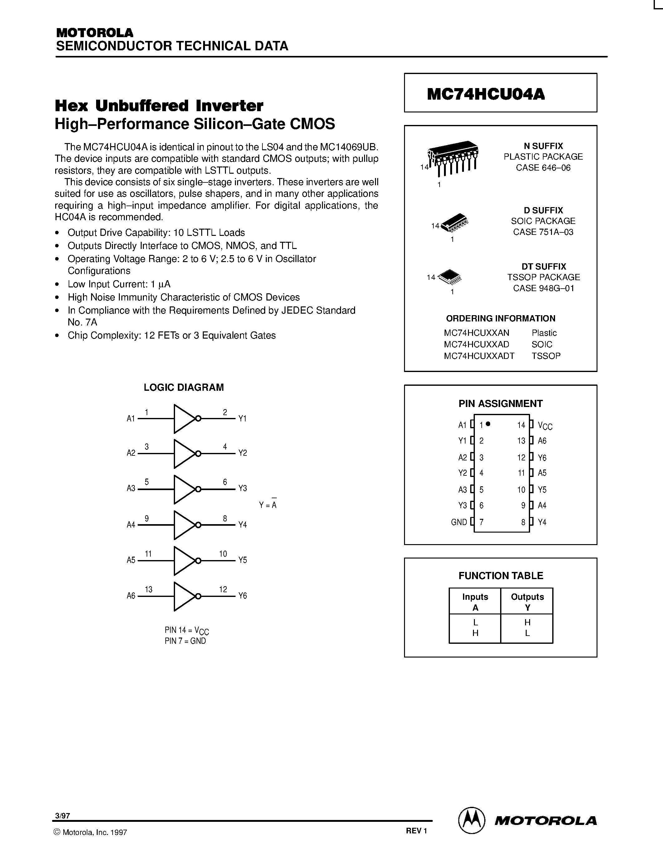 Даташит MC74HCU04A - Hex Unbuffered Inverter страница 1