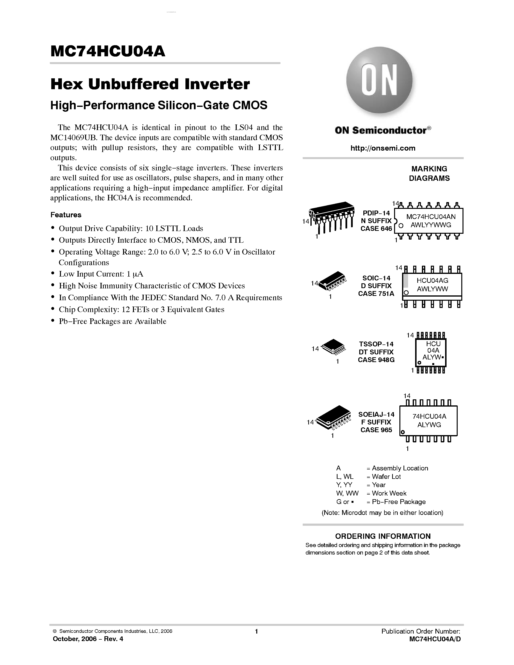 Даташит MC74HCU04A - Hex Unbuffered Inverter High-Performance Silicon-Gate CMOS страница 1