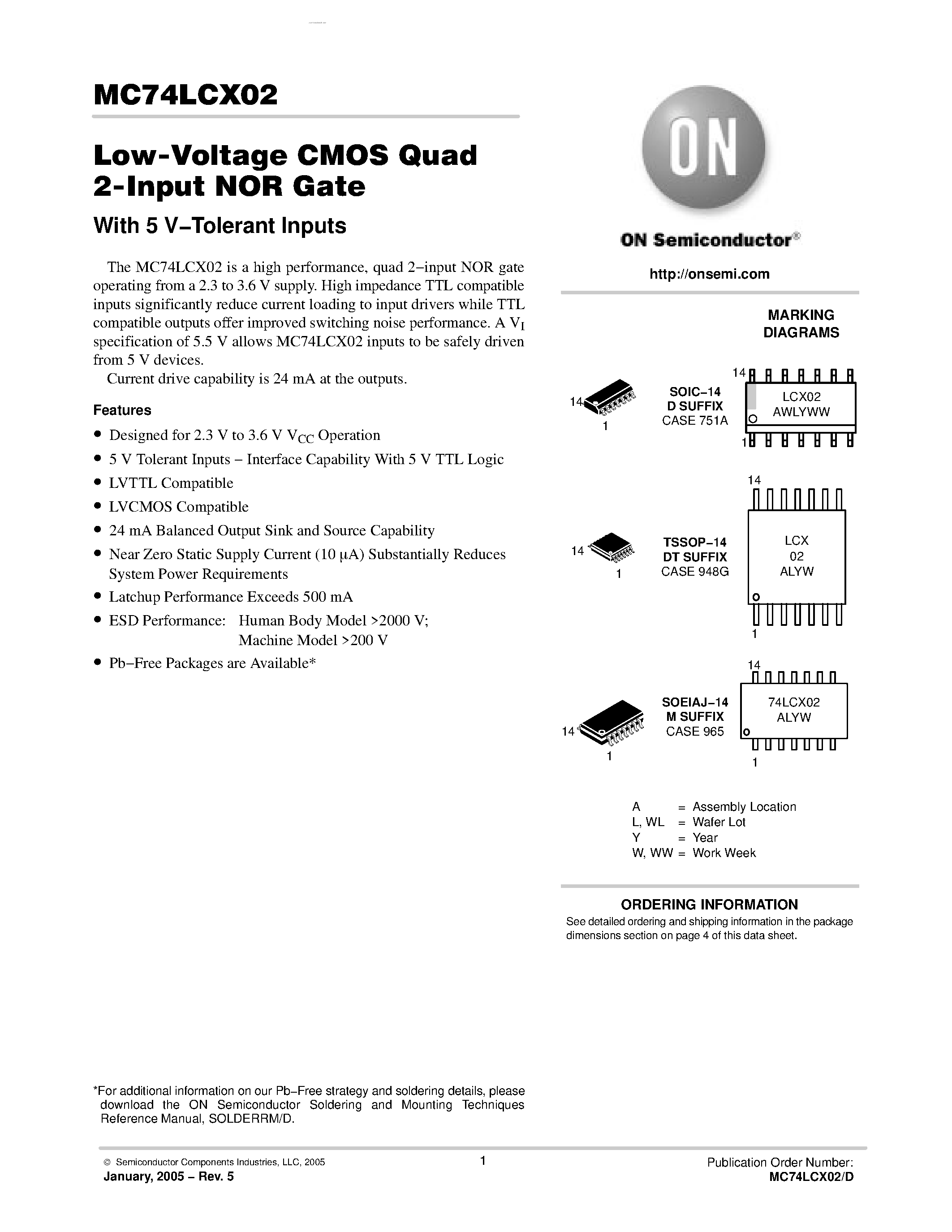 Даташит MC74LCX02 - Low-Voltage CMOS Quad 2-Input NOR Gate страница 1