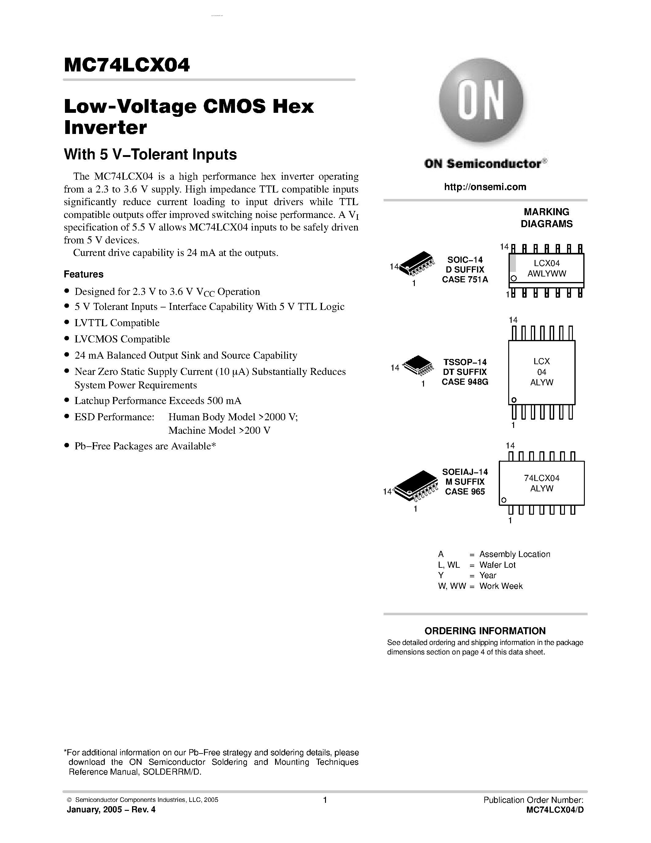 Даташит MC74LCX04 - Low-Voltage CMOS Hex Inverter страница 1